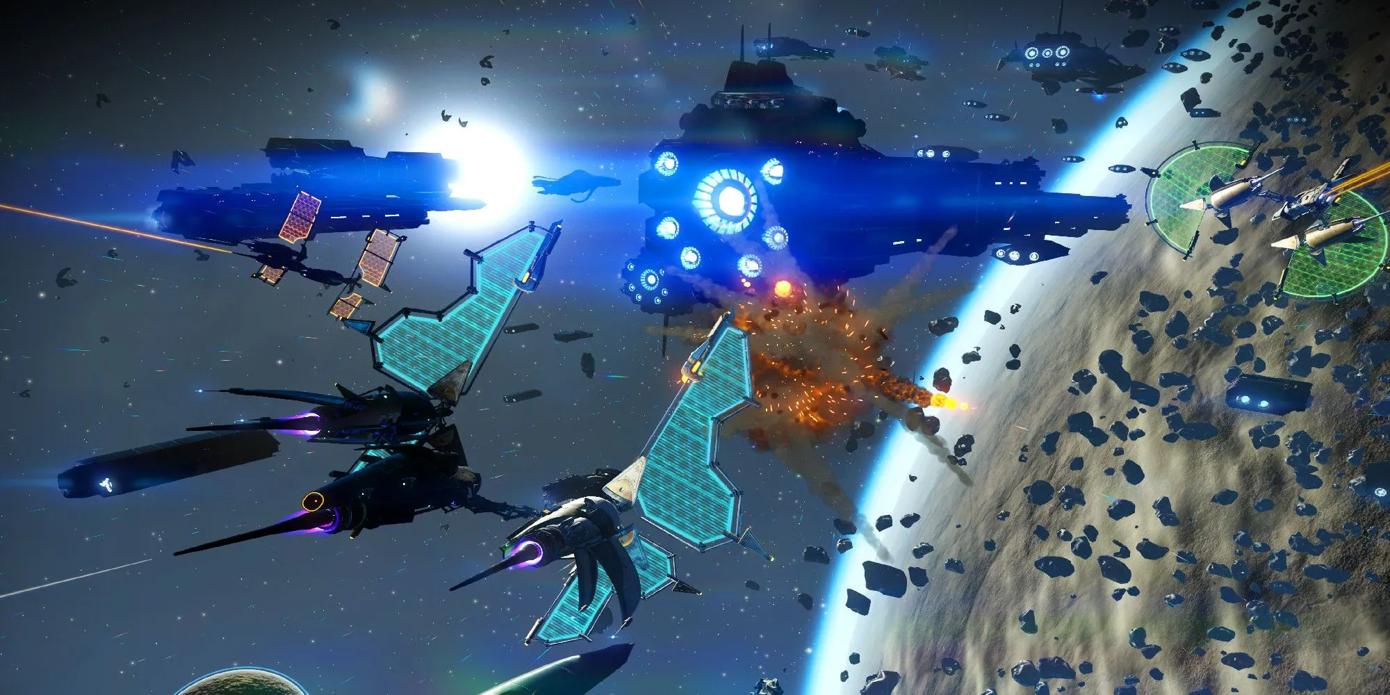 Cảnh quan No Man's Sky với tàu vũ trụ bay qua trong một cuộc giao tranh.