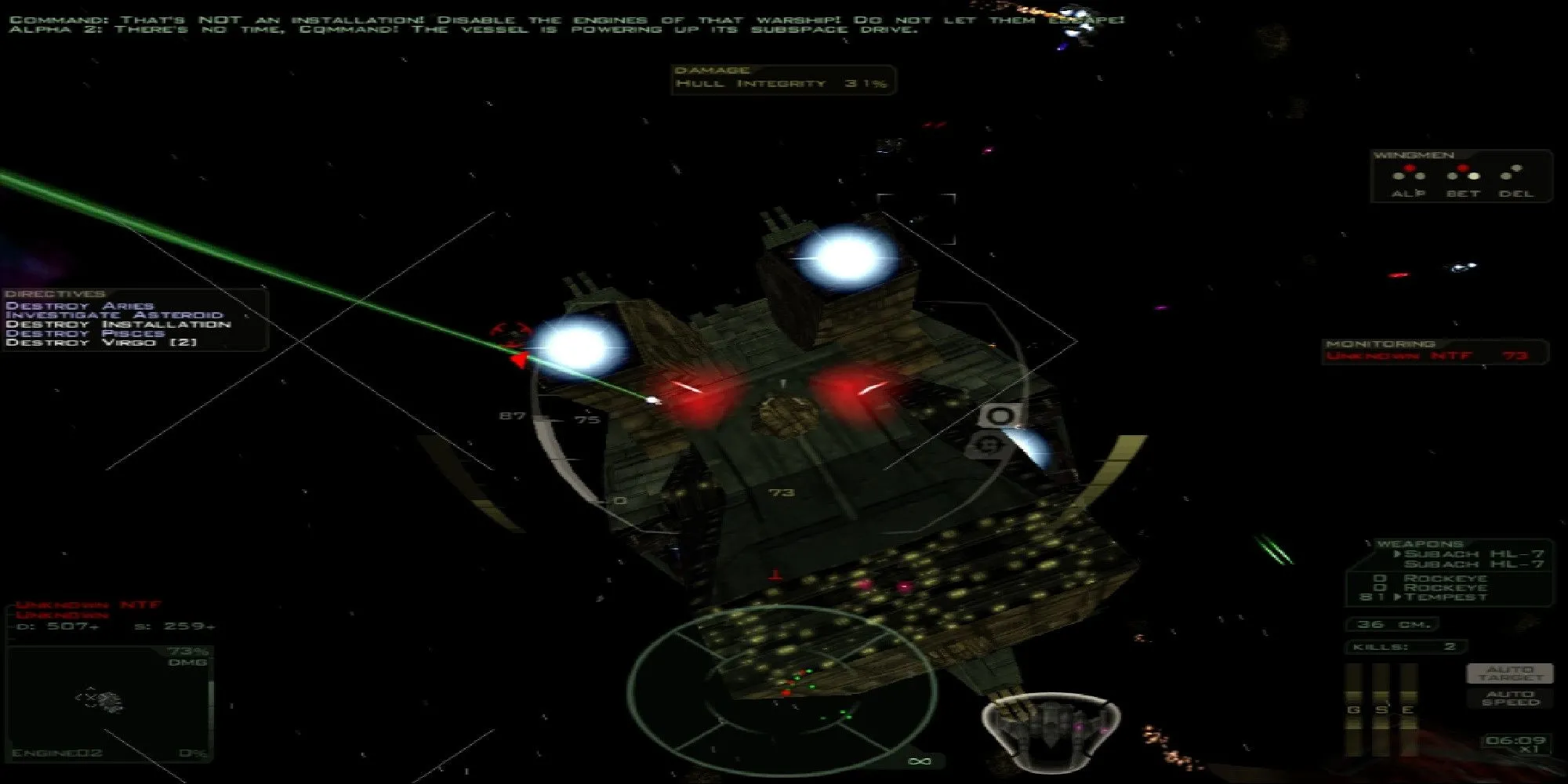 Giao diện nhắm mục tiêu một con tàu địch trong game FreeSpace 2.