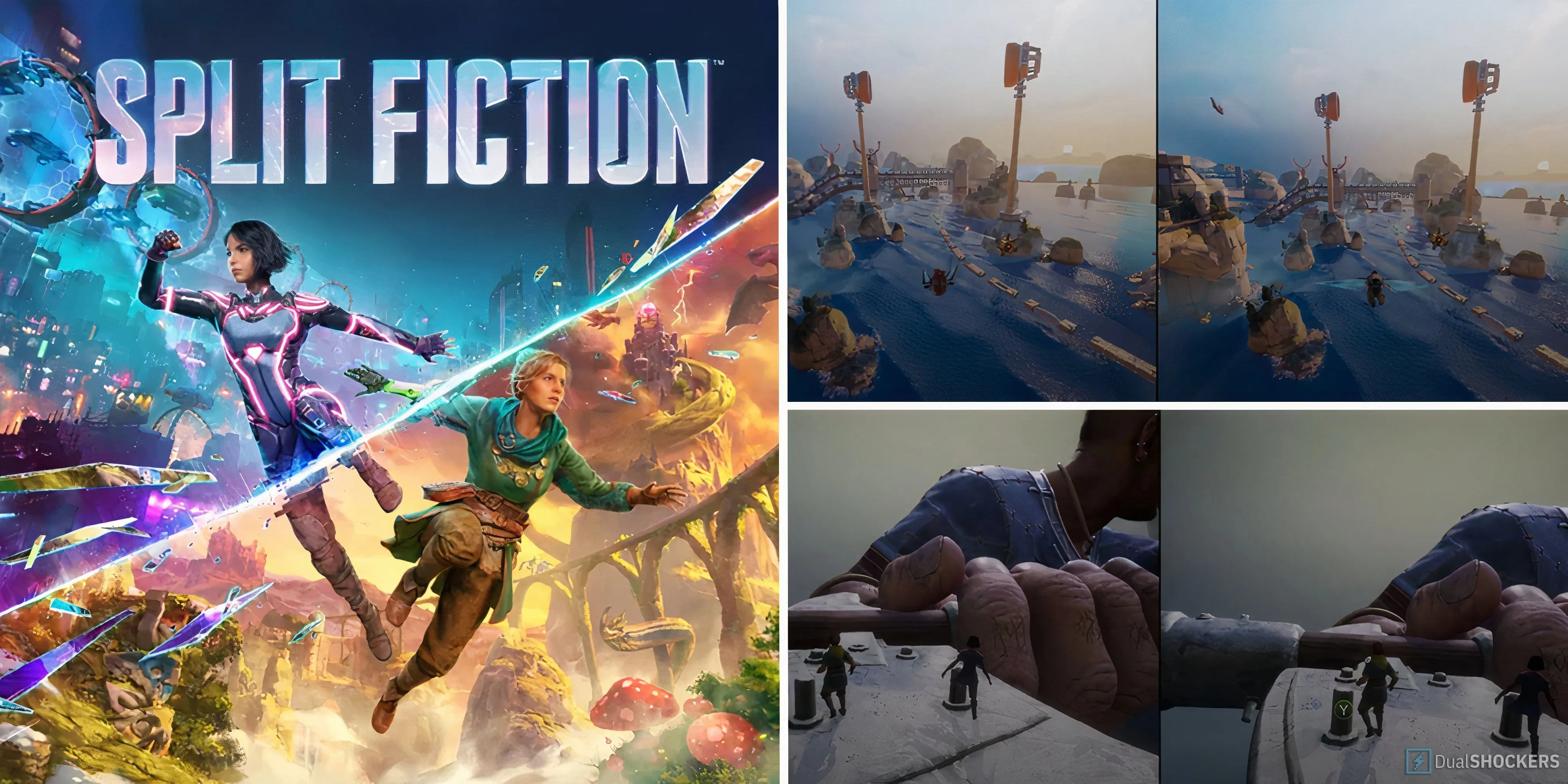 Hình ảnh quảng bá game Split Fiction với hai nhân vật chính Zoe và Mio trong các phân cảnh hành động