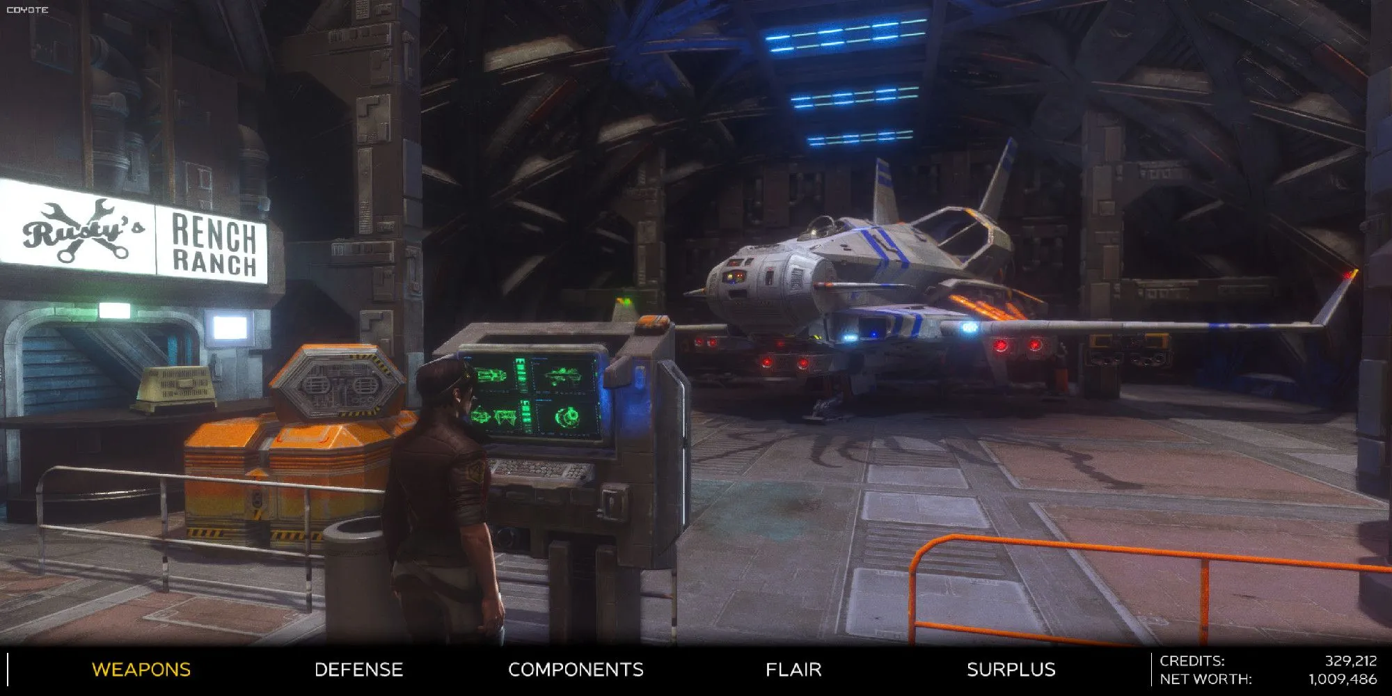 Màn hình tùy chỉnh tàu trong game Rebel Galaxy Outlaw với giao diện chi tiết.