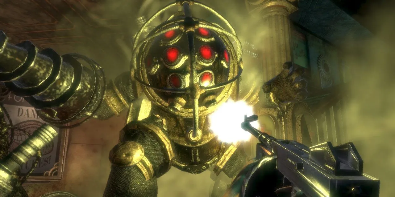 Nhân vật chính đối đầu với Big Daddy, sinh vật biểu tượng trong BioShock