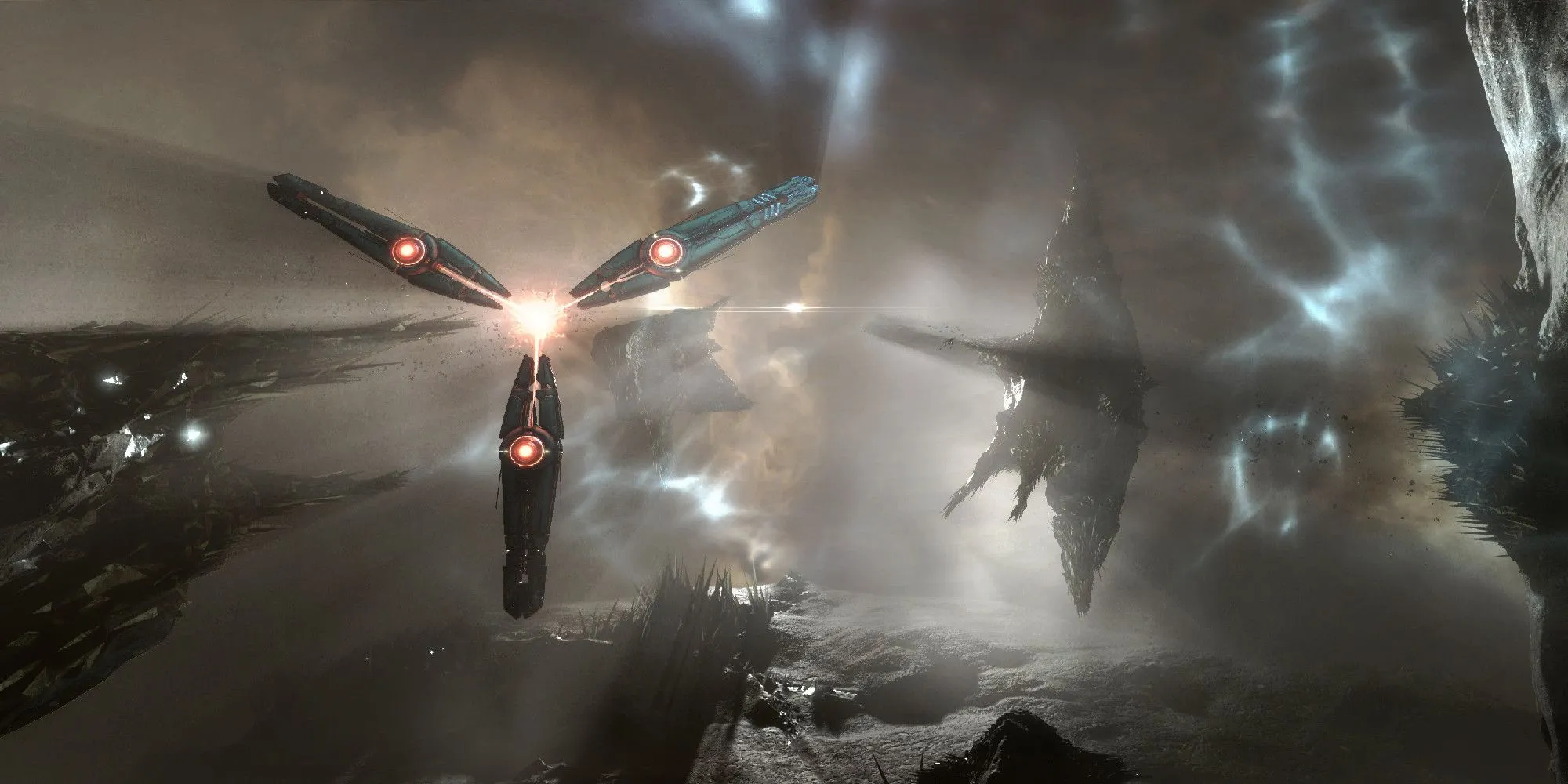 Tàu vũ trụ nhỏ bay về phía một con tàu khổng lồ trong game Eve Online.