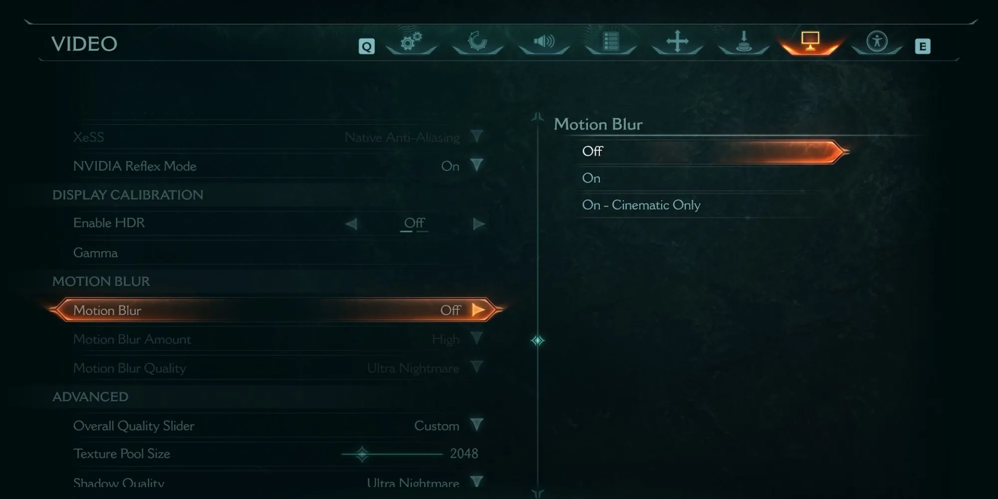 Tùy chọn Motion Blur trong menu cài đặt đồ họa của DOOM: The Dark Ages