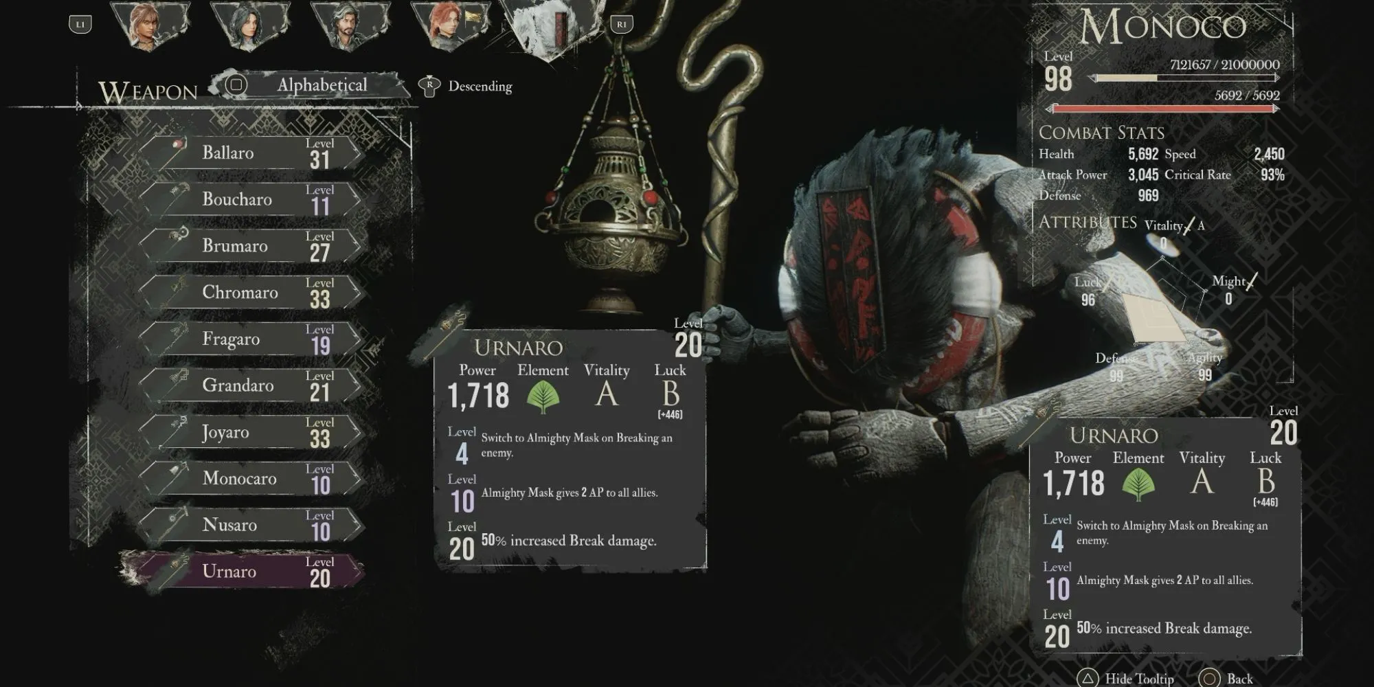 Urnaro hỗ trợ build tập trung vào Break kẻ địch, tự động chuyển sang Almighty Mask và buff AP cho đồng minh khi Monoco Break thành công