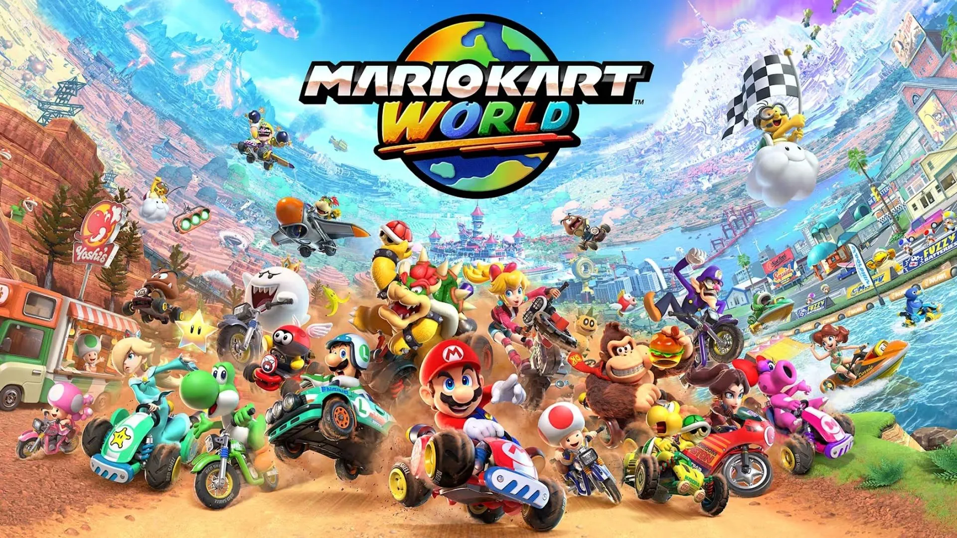 Cảnh đua xe trong Mario Kart World, minh họa đồ họa game