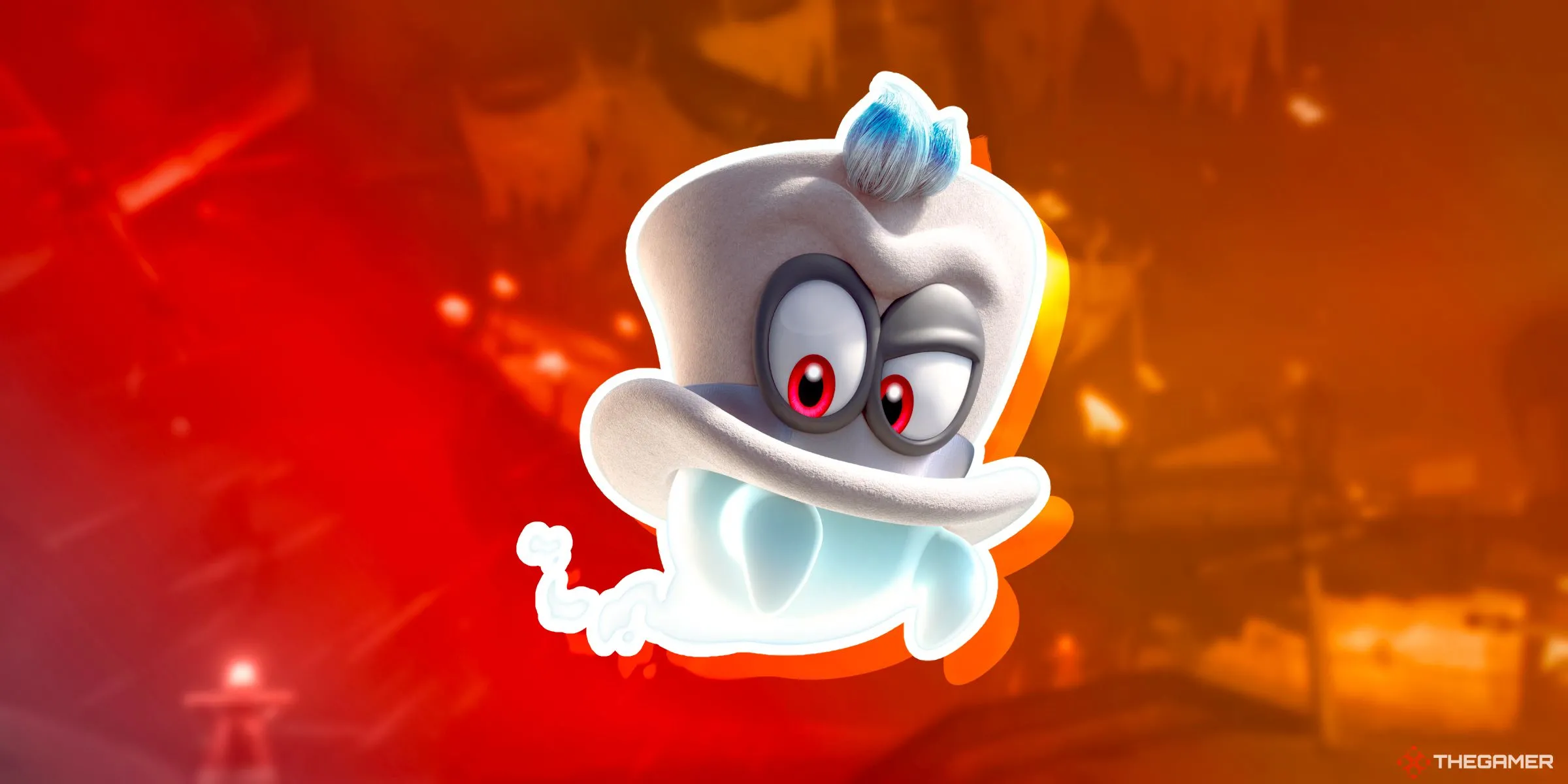 Cappy, bạn đồng hành của Mario trong Super Mario Odyssey, lơ lửng trên đường đua Wario Shipyard trong Mario Kart World