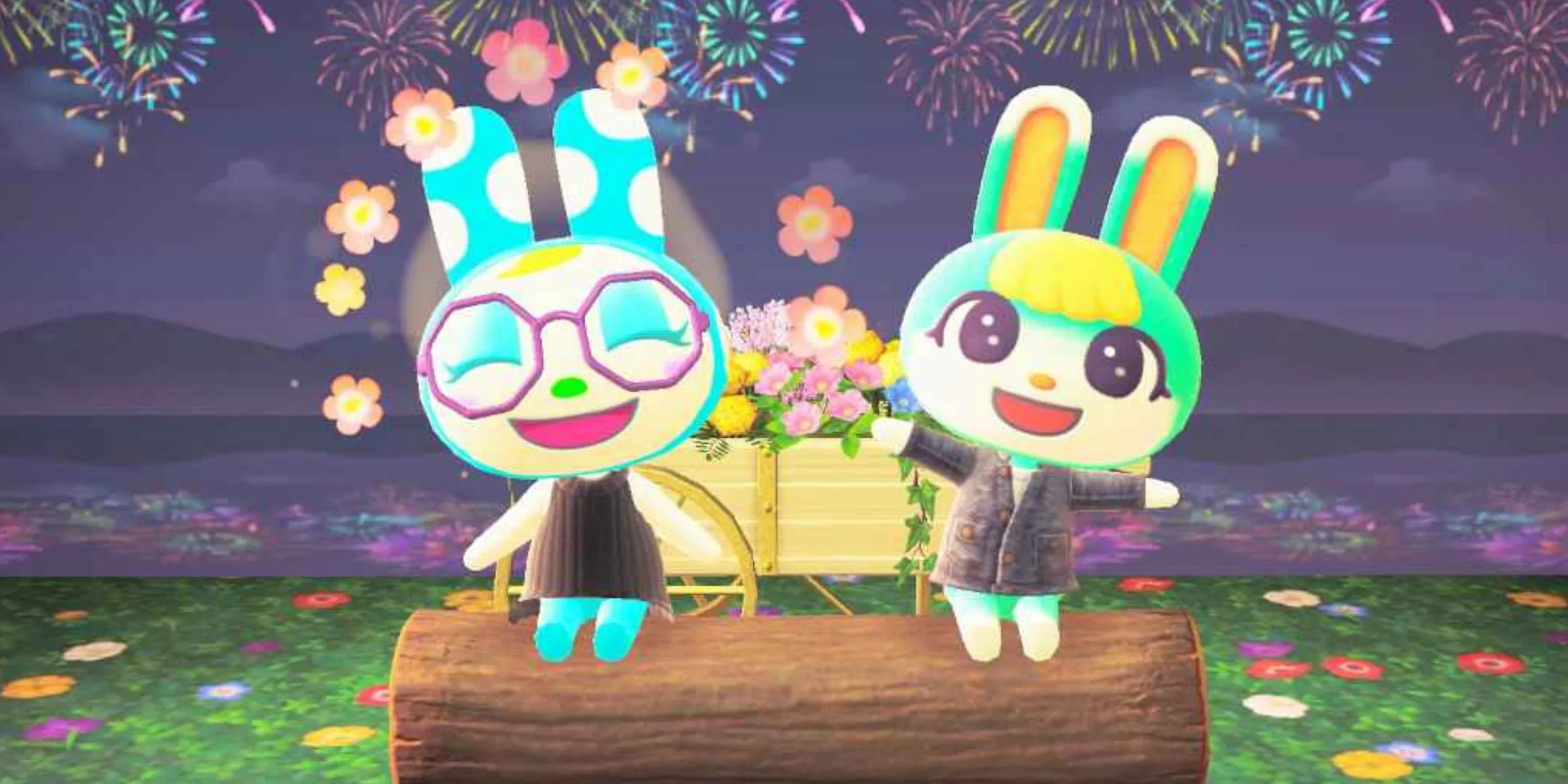 Hai cư dân thỏ Sasha và Francine ngồi trên khúc gỗ trong Animal Crossing New Horizons