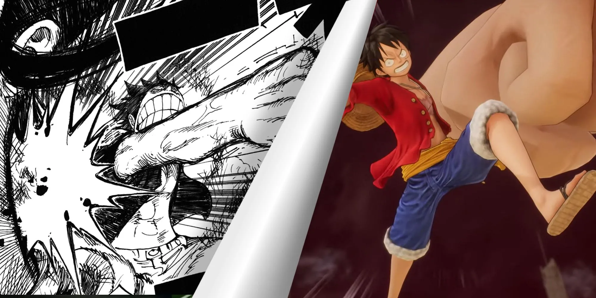 Hình ảnh so sánh Luffy sử dụng Gomu Gomu no Pistol trong manga và trong game One Piece