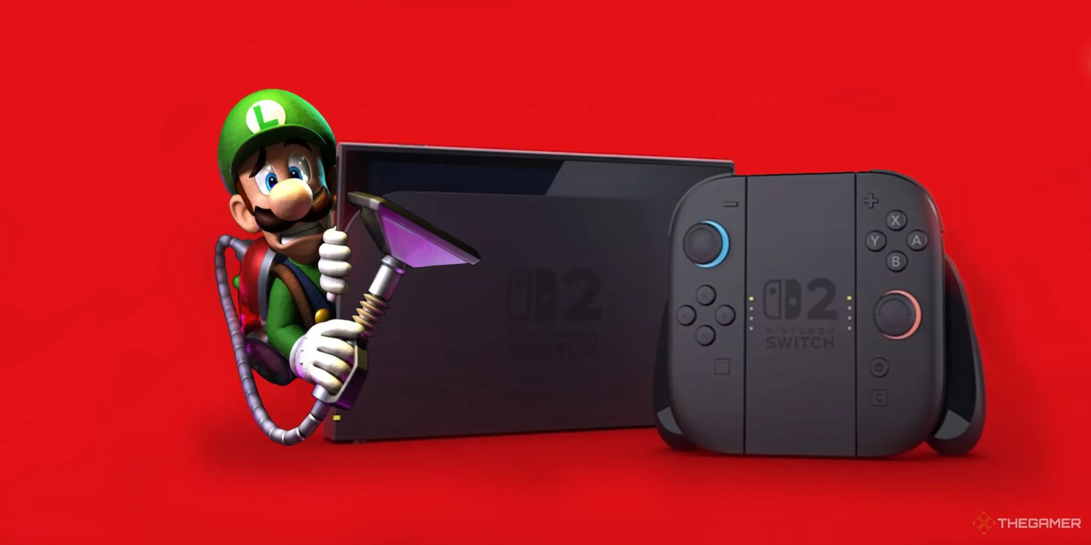 Luigi nấp sau máy console Nintendo Switch 2.