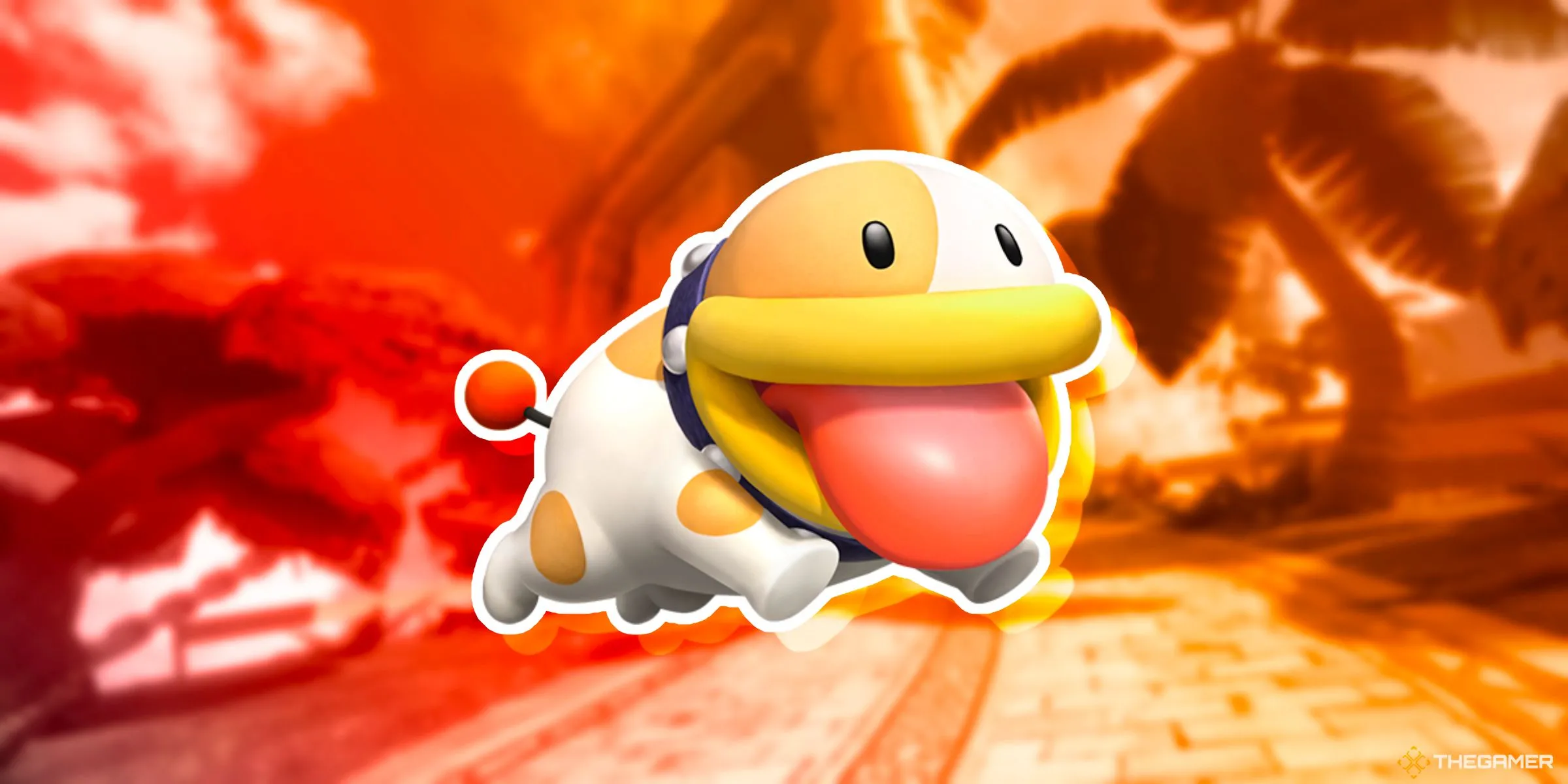 Poochy, chú chó đáng yêu từ series Yoshi's Island, trên đường đua Great Question Block Ruins trong Mario Kart World