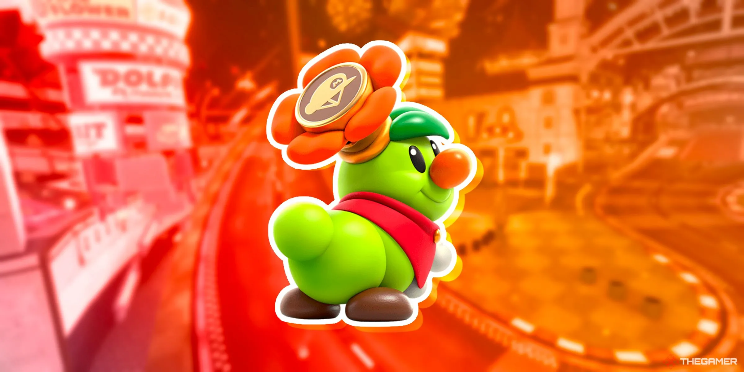 Prince Florian, nhân vật từ Super Mario Bros. Wonder, trên đường đua Peach Stadium trong Mario Kart World