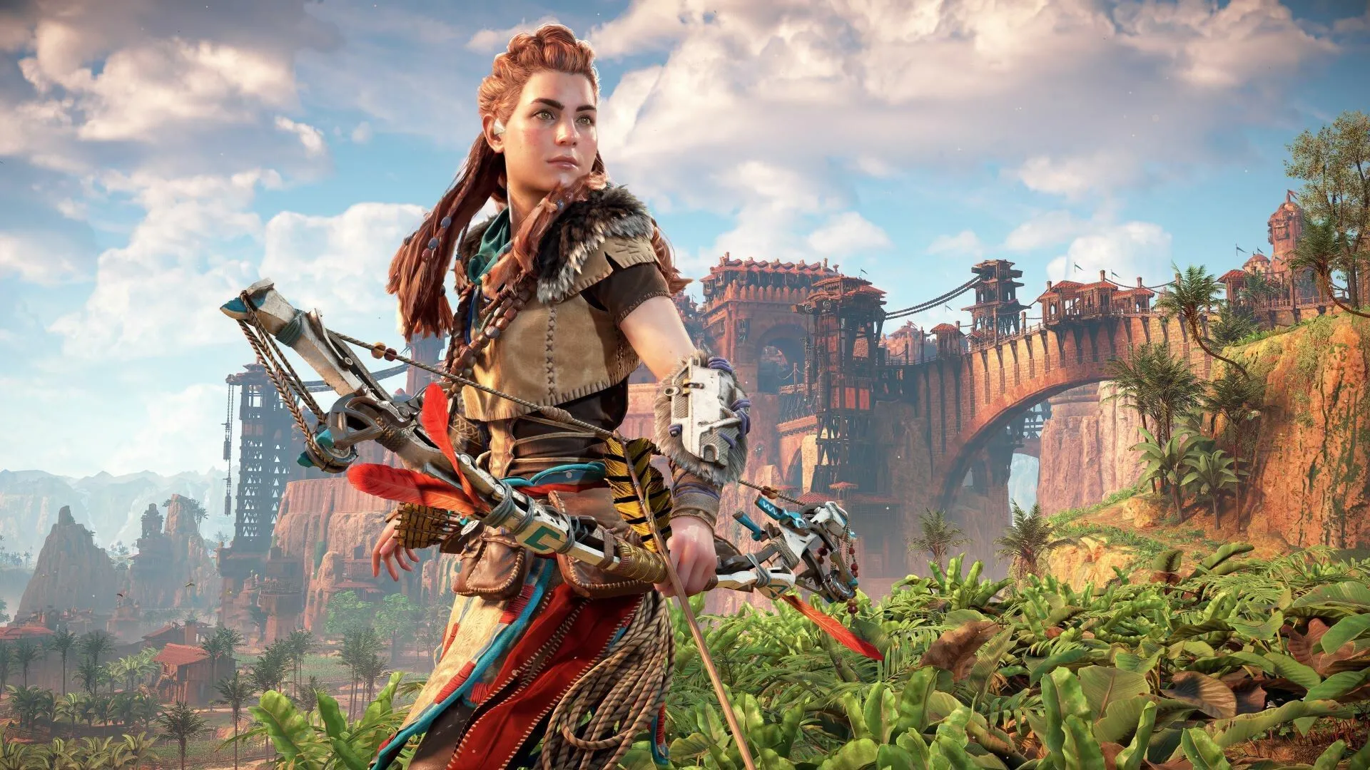 Aloy cầm cung giữa thế giới mở rộng lớn trong Horizon Zero Dawn, một người ngoài cuộc mạnh mẽ