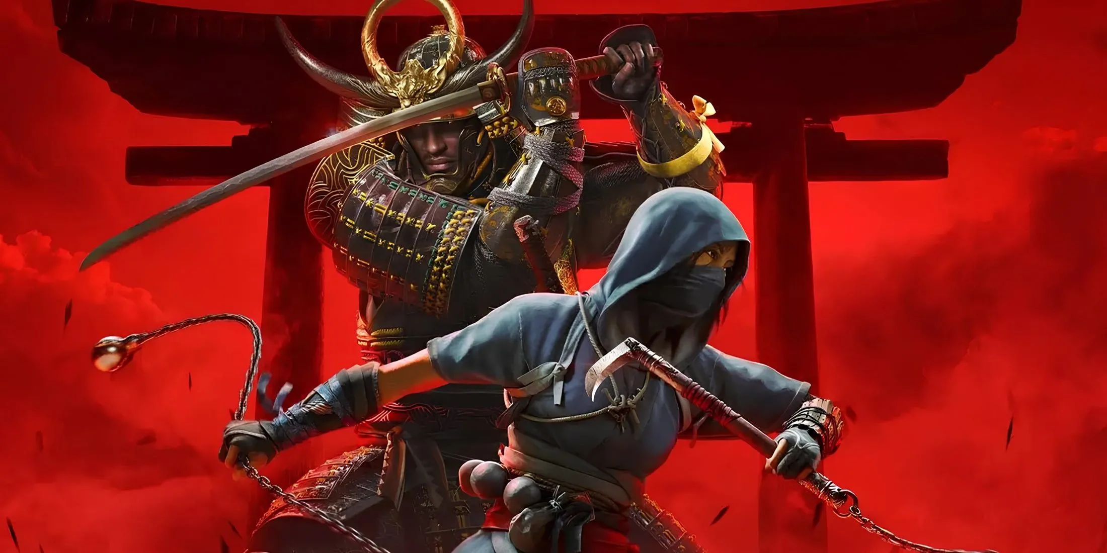 Ảnh bìa chính thức của Assassin's Creed Shadows, với hai nhân vật chính Naoe và Yasuke trong bối cảnh Nhật Bản phong kiến thời Sengoku.
