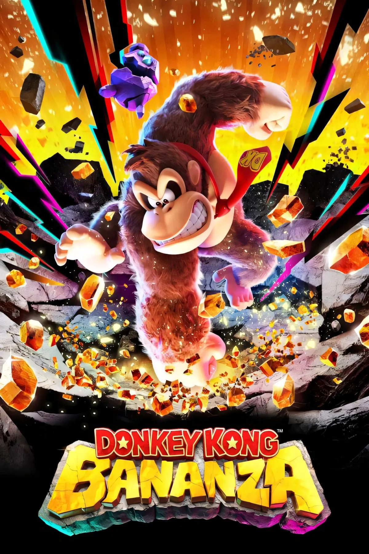 Ảnh bìa chính thức của game Donkey Kong Bananza với biểu tượng và nhân vật DK, thể hiện phong cách phiêu lưu hành động