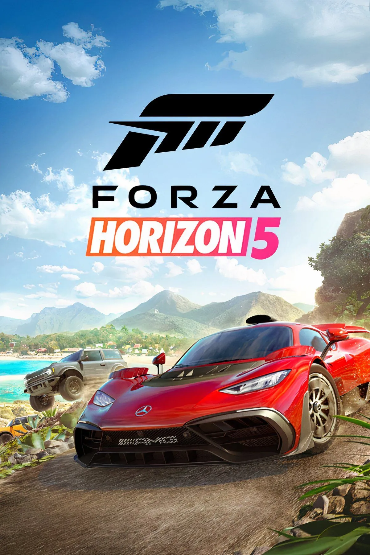 Ảnh bìa Forza Horizon 5 với các siêu xe trên địa hình Mexico