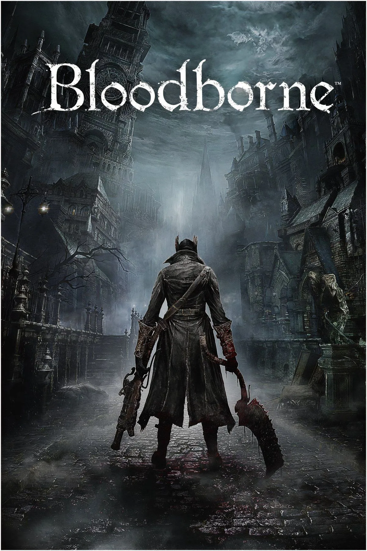 Ảnh bìa game Bloodborne với hình ảnh thợ săn trong thành phố Yharnam đầy Gothic