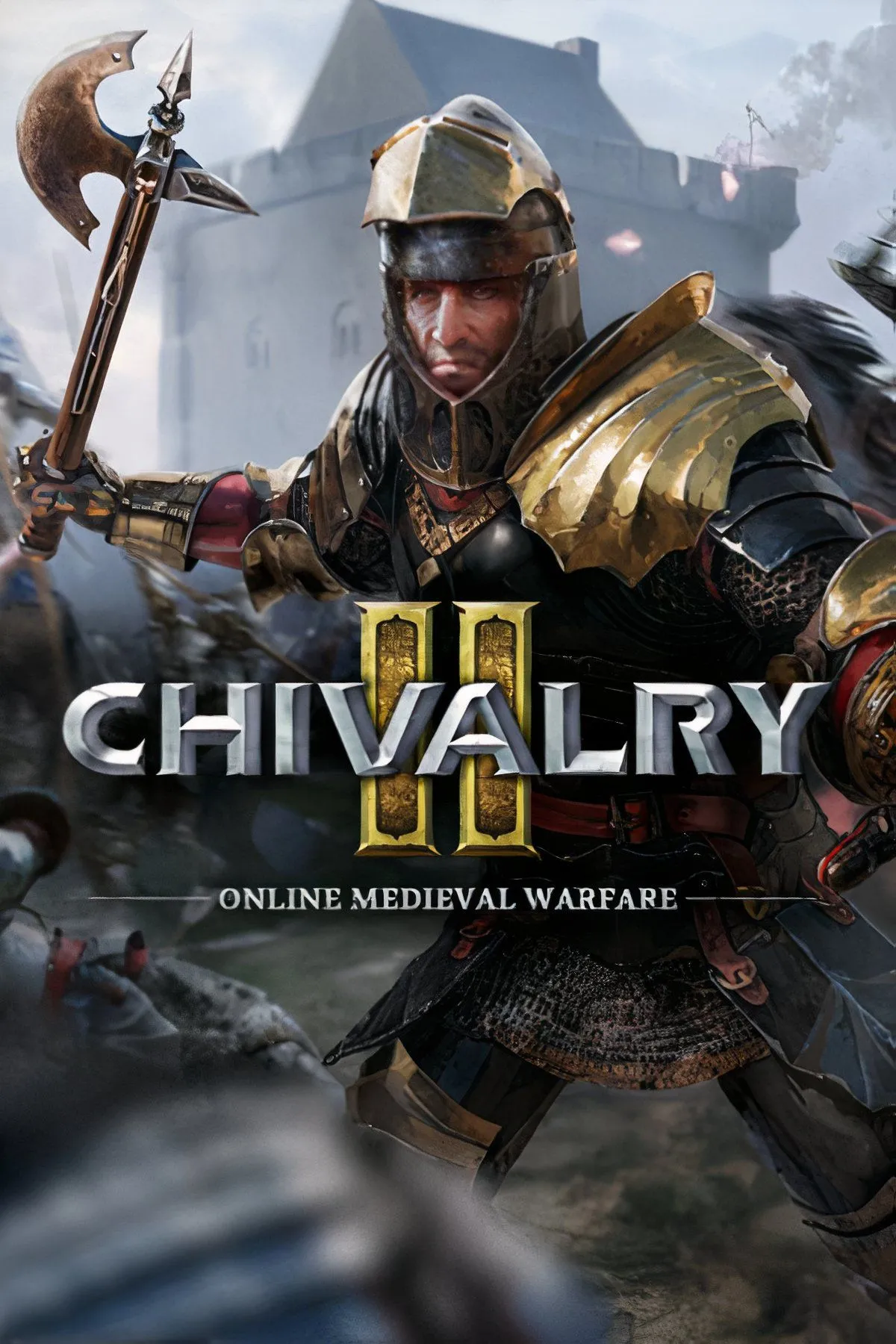 Ảnh bìa game Chivalry 2, cảnh một trận chiến quy mô lớn thời trung cổ với nhiều binh lính xông pha