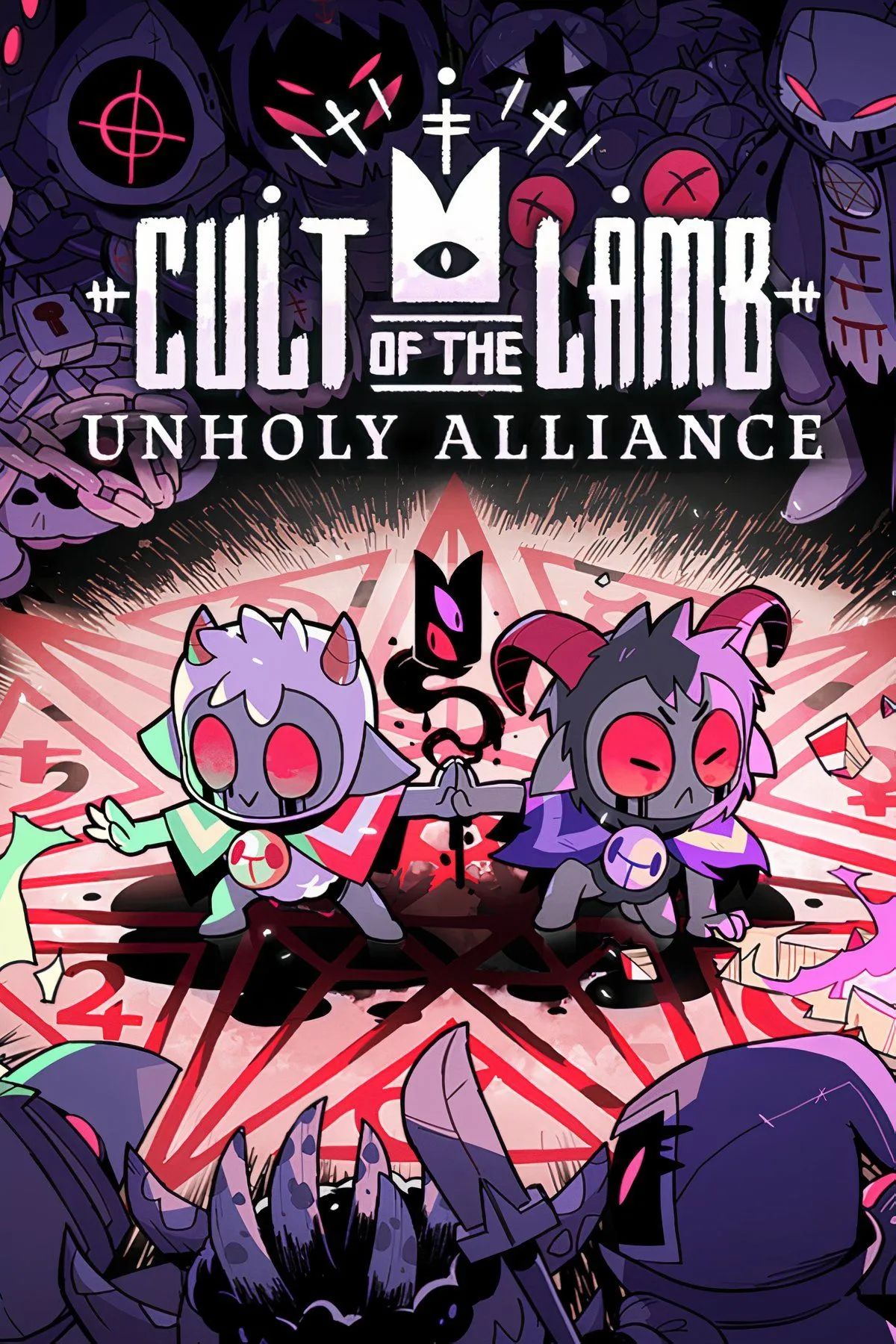 Ảnh bìa game Cult of the Lamb, chú cừu nhỏ cầm vũ khí ma thuật giữa cảnh quan tối tăm nhưng dễ thương