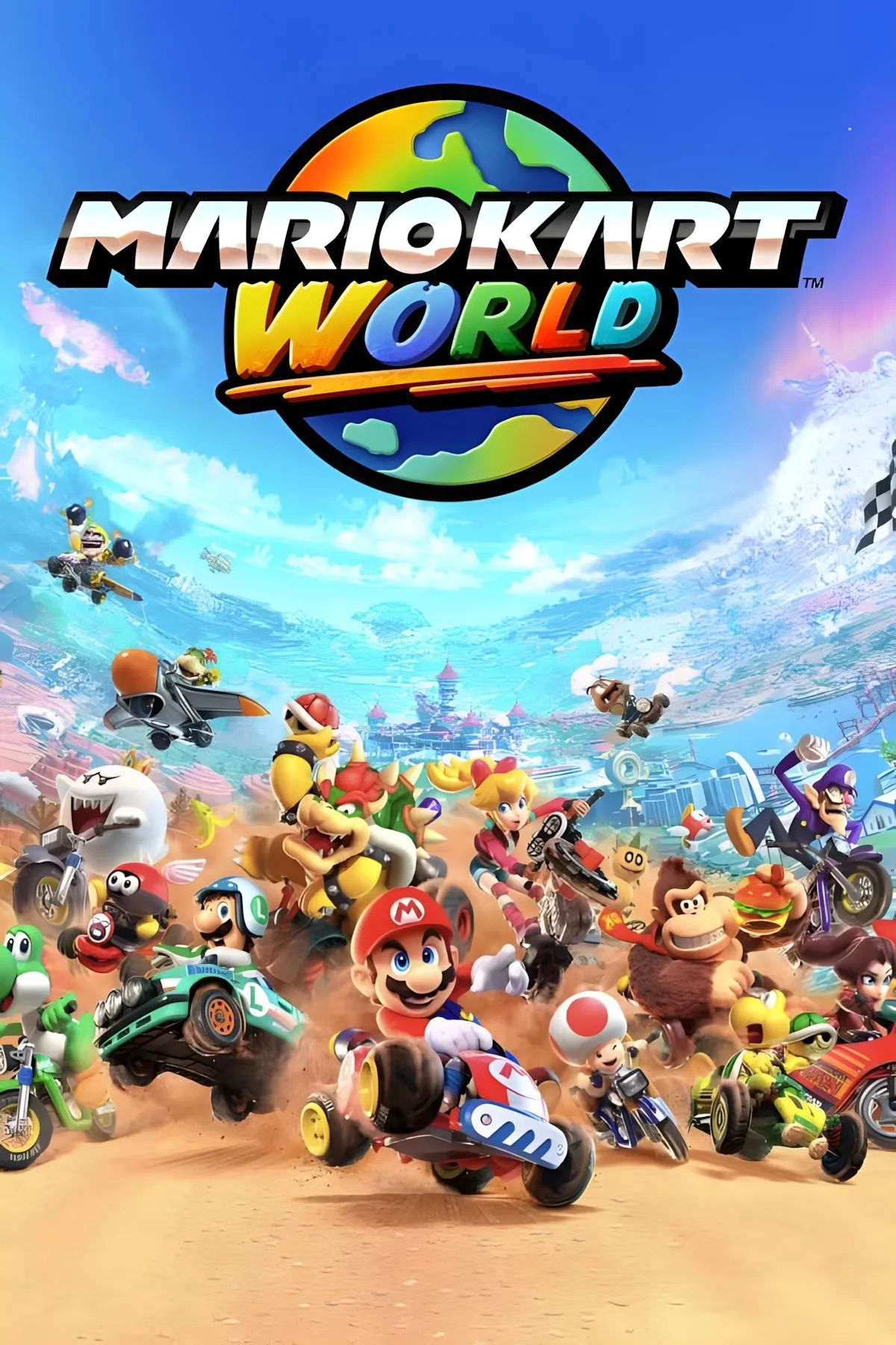 Ảnh bìa game đua xe thế giới mở Mario Kart World, với các nhân vật Mario nổi tiếng trên đường đua hoành tráng.