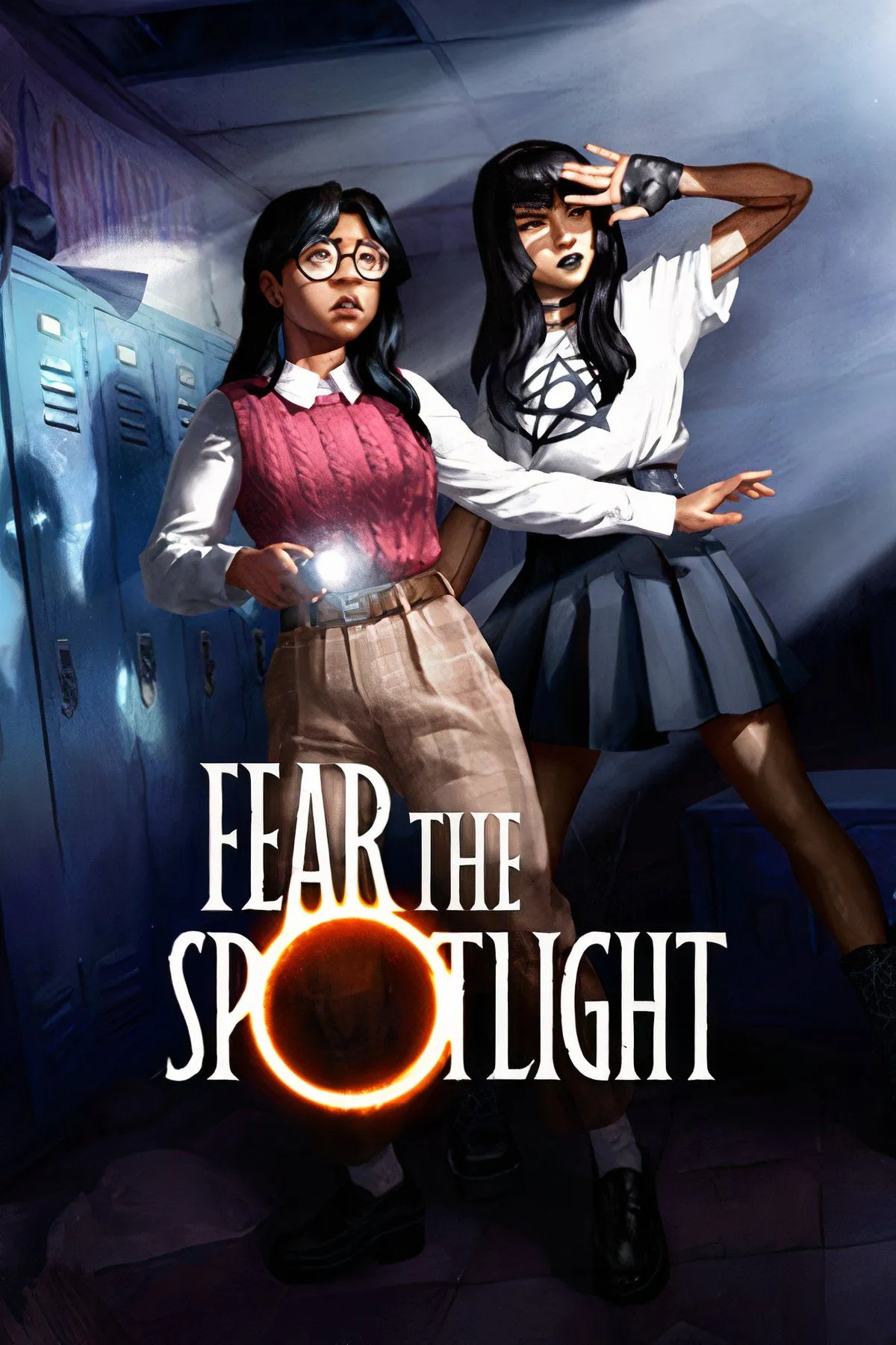 Ảnh bìa game kinh dị Fear the Spotlight, với hình ảnh cô gái và nguồn sáng đáng sợ, nhấn mạnh yếu tố kinh dị và giải đố.