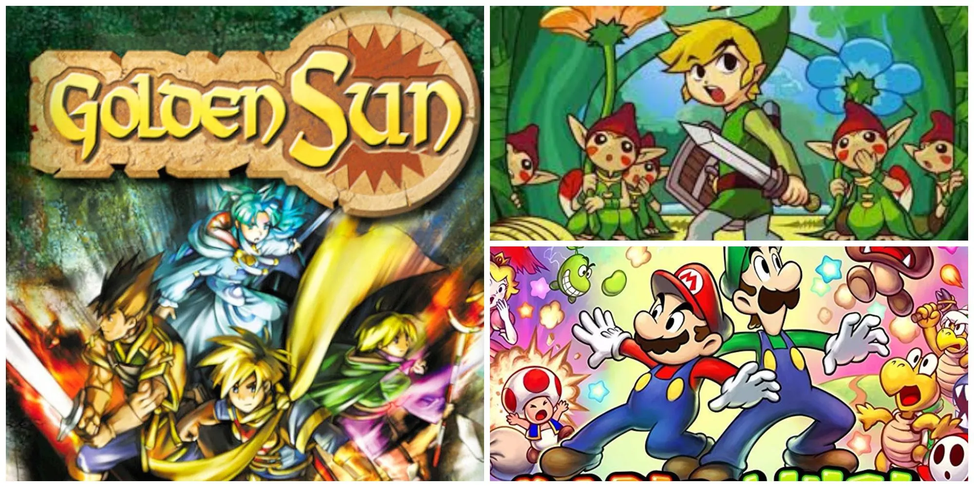 Ảnh cắt ghép các game Game Boy Advance: Golden Sun, Minish Cap, Mario and Luigi Superstar Saga.