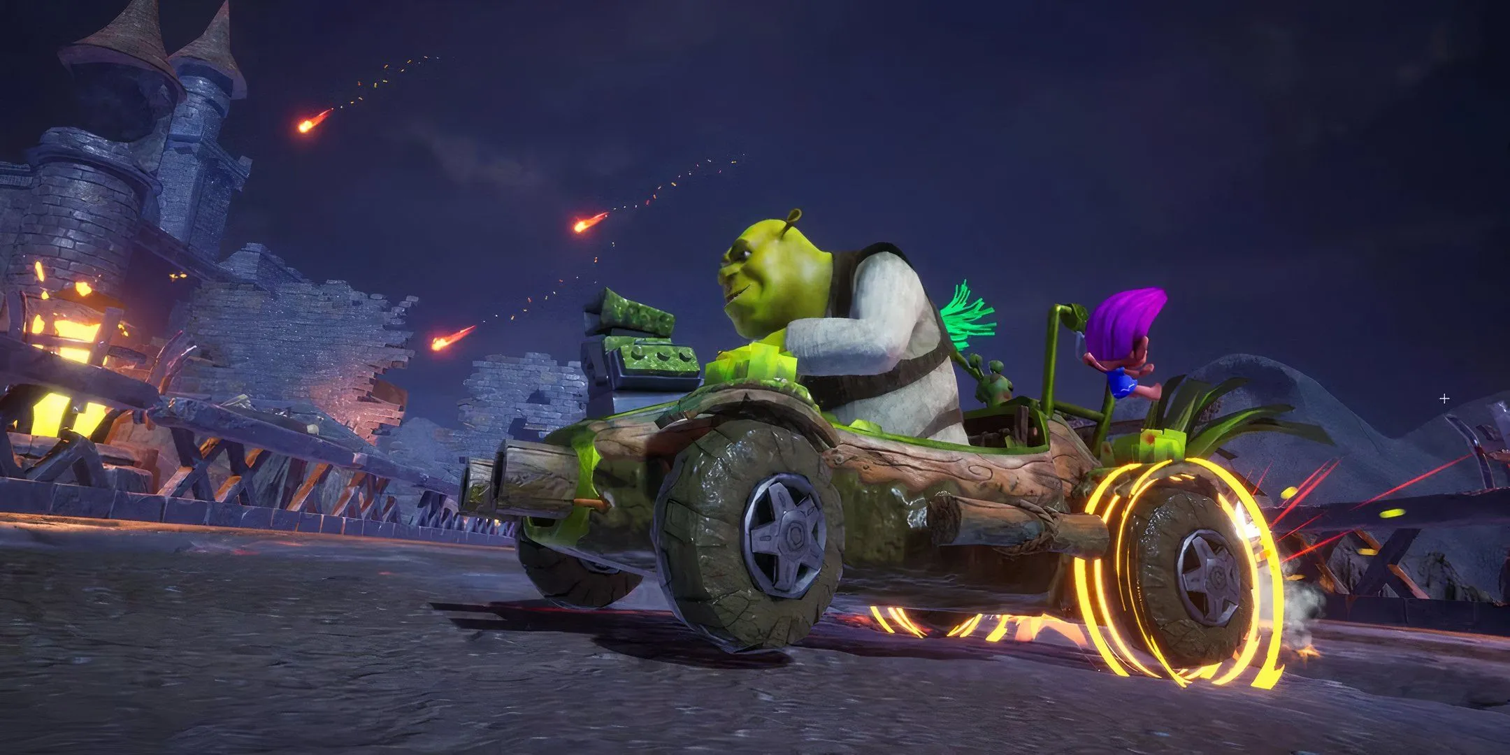 Ảnh chụp màn hình Shrek đang đua qua một đường đua tối trong DreamWorks All-Star Kart Racing.