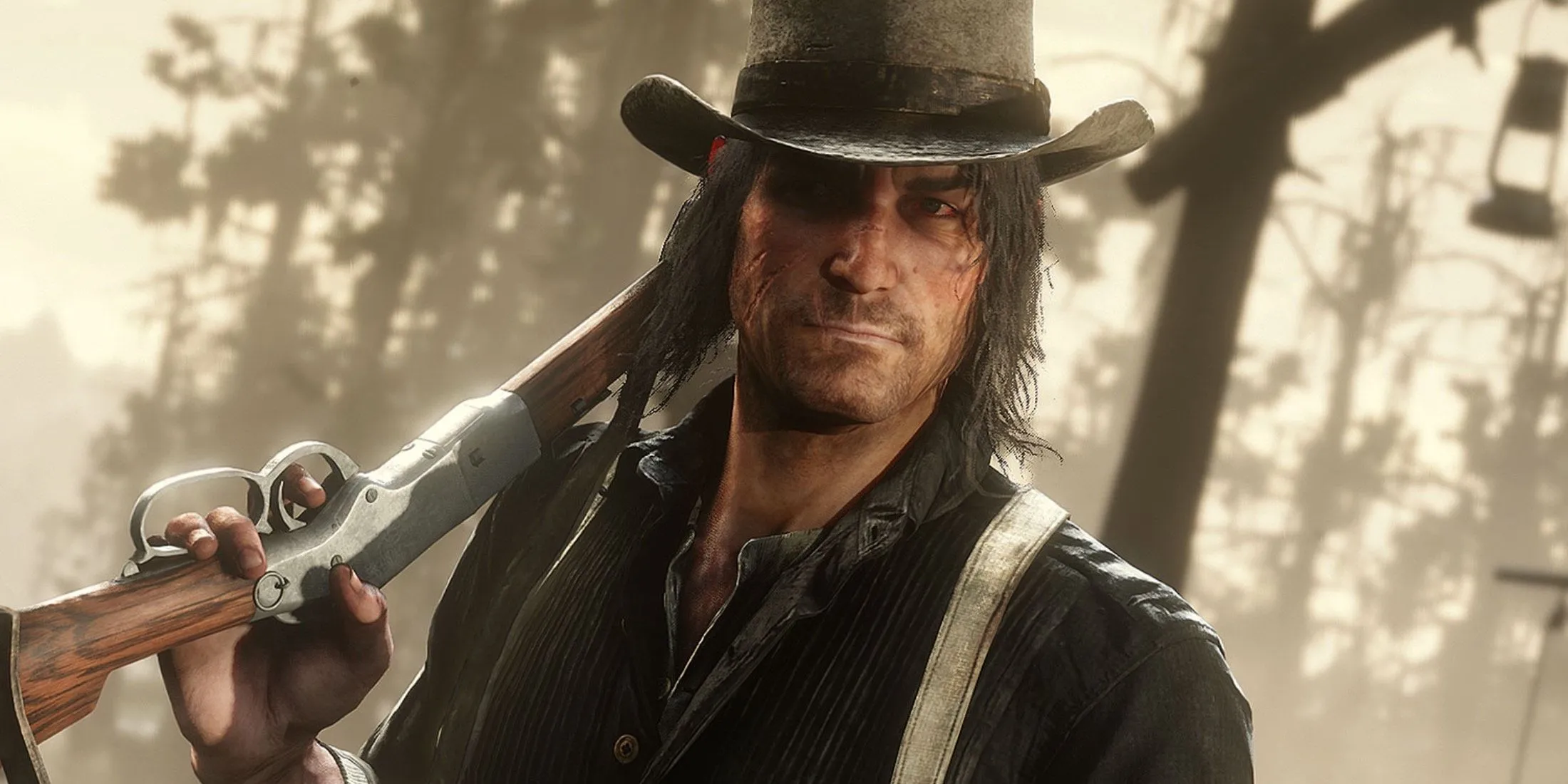 Arthur Morgan, nhân vật chính của Red Dead Redemption 2, trên phông nền miền Tây hoang dã cuối thế kỷ 19, chuẩn bị cho cuộc săn bắn hoặc giao chiến.