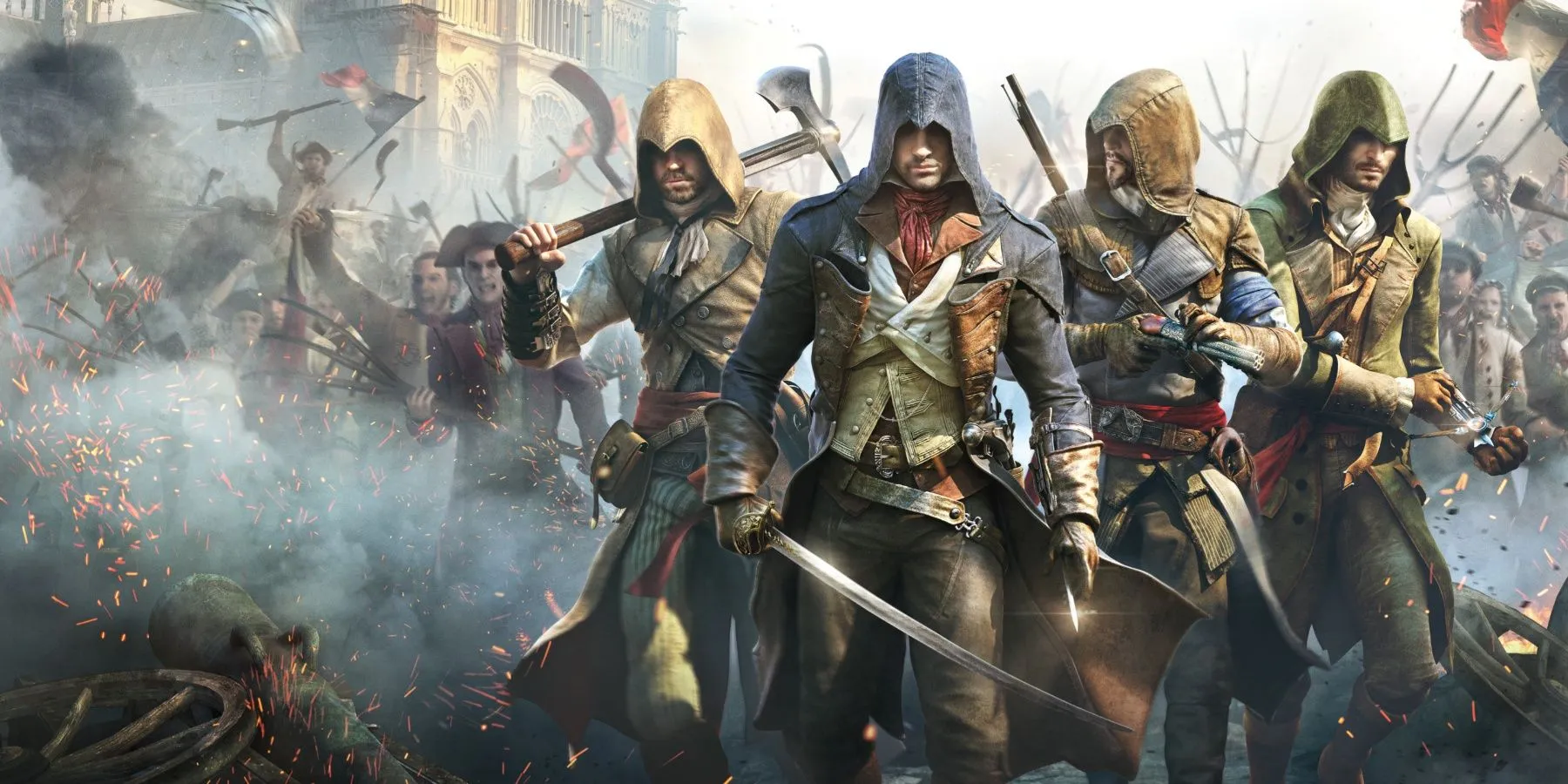 Assassin Arno Dorian của Assassin's Creed Unity đứng trên nóc nhà giữa Paris trong cuộc Cách mạng Pháp, với Notre Dame ở hậu cảnh.
