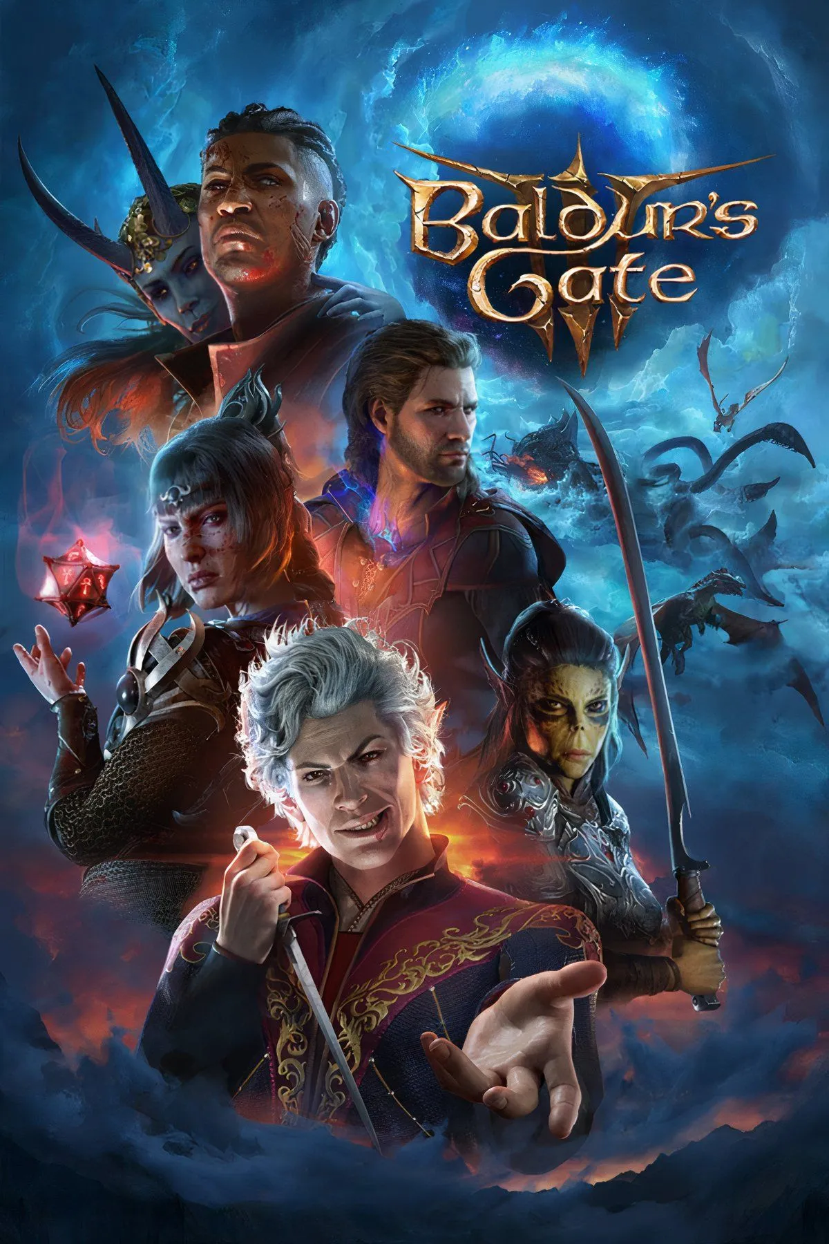 Bìa game Baldur's Gate 3, minh họa thế giới Dungeons &amp; Dragons phong phú và sự tự do trong lối chơi nhập vai chiến thuật.