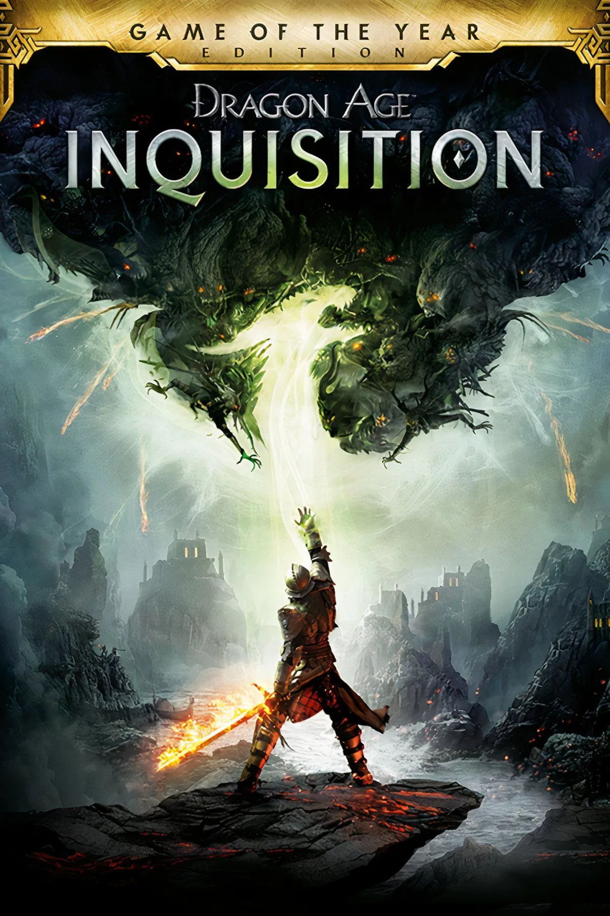 Bìa game Dragon Age: Inquisition với hình ảnh các nhân vật chính, thể hiện bối cảnh thế giới dark fantasy rộng lớn của tựa game RPG này.