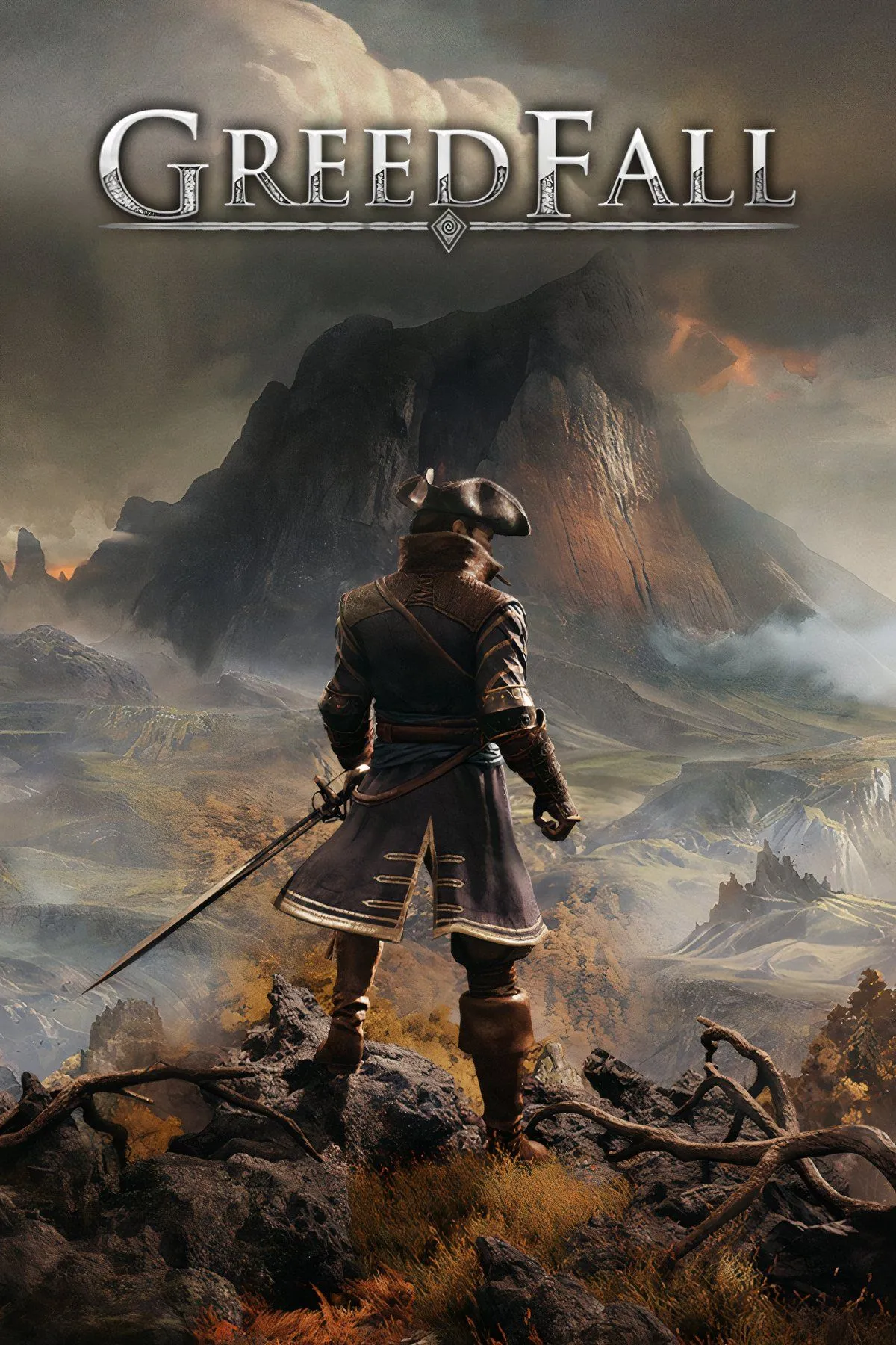 Bìa game GreedFall với phong cách nghệ thuật độc đáo, giới thiệu thế giới giả tưởng thuộc địa của tựa game nhập vai phiêu lưu này.