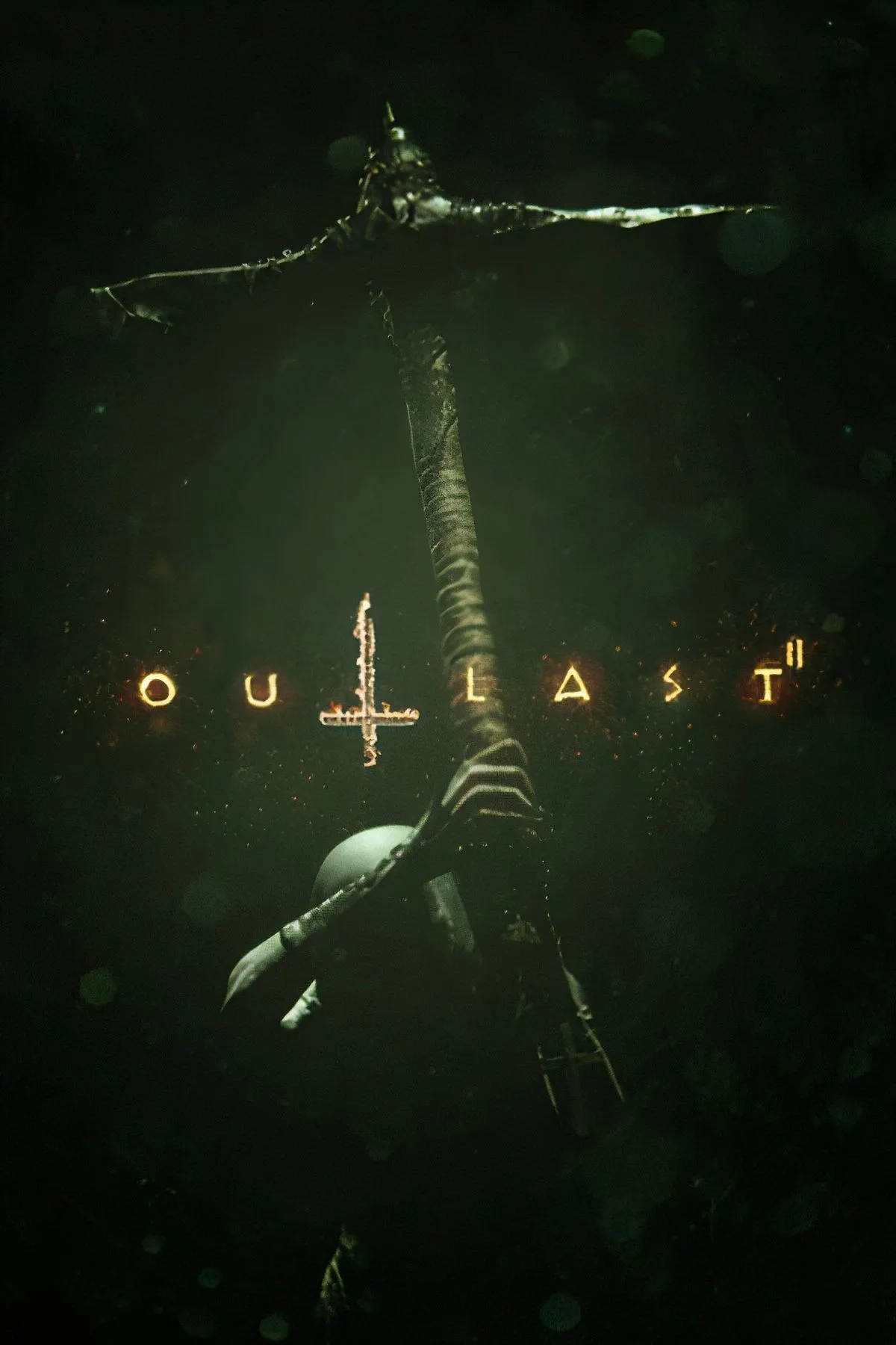 Bìa game Outlast 2 với hình ảnh nhân vật chính Blake Langermann trong bối cảnh rùng rợn của Temple Gate