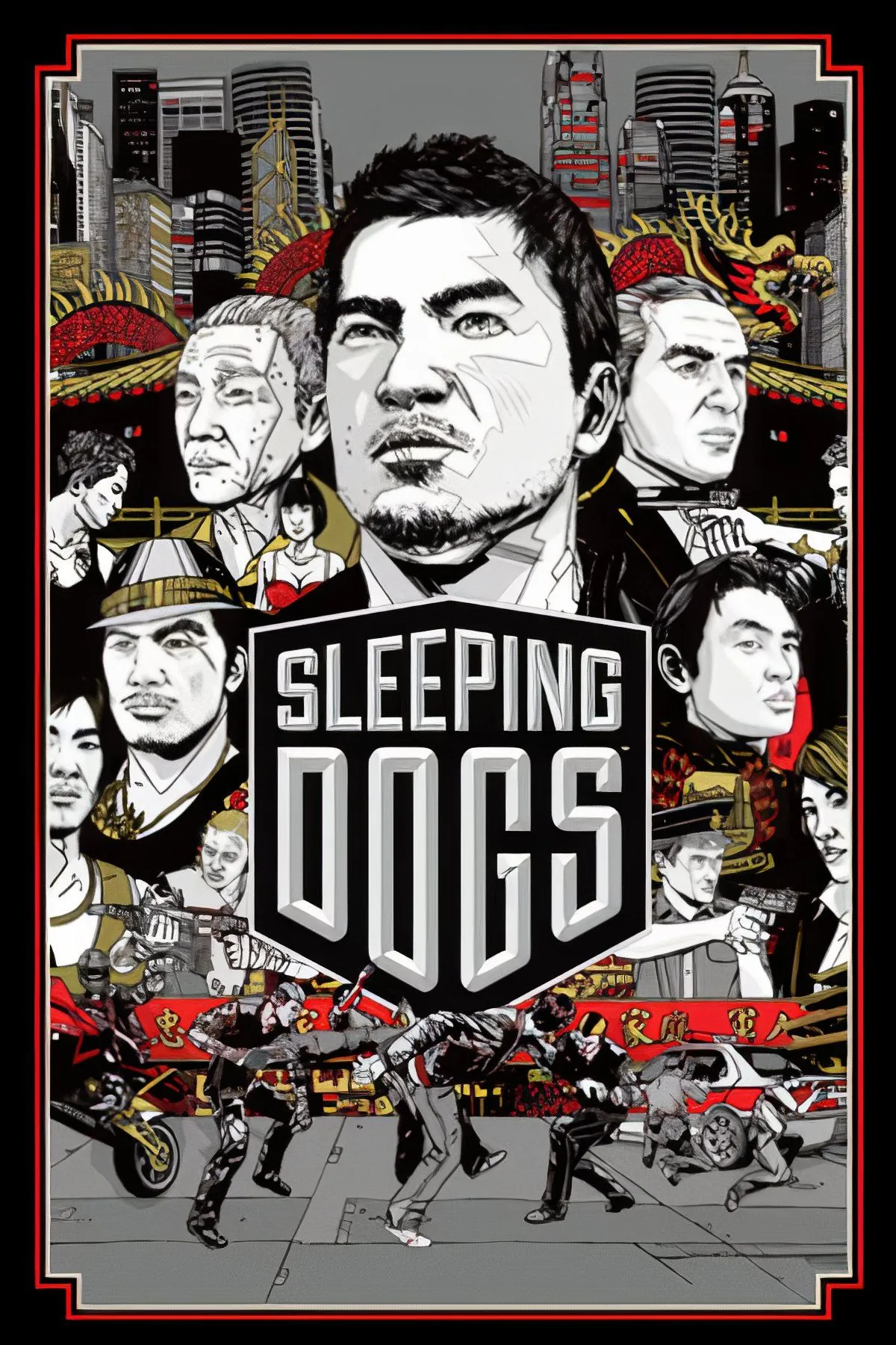Bìa game Sleeping Dogs với Wei Shen trong trang phục đặc trưng và bối cảnh Hồng Kông