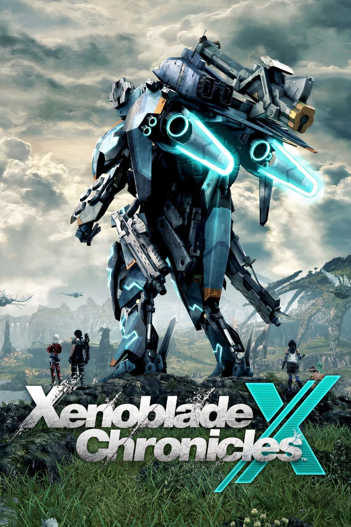 Bìa game Xenoblade Chronicles X với robot Skell khổng lồ và nhân vật chính