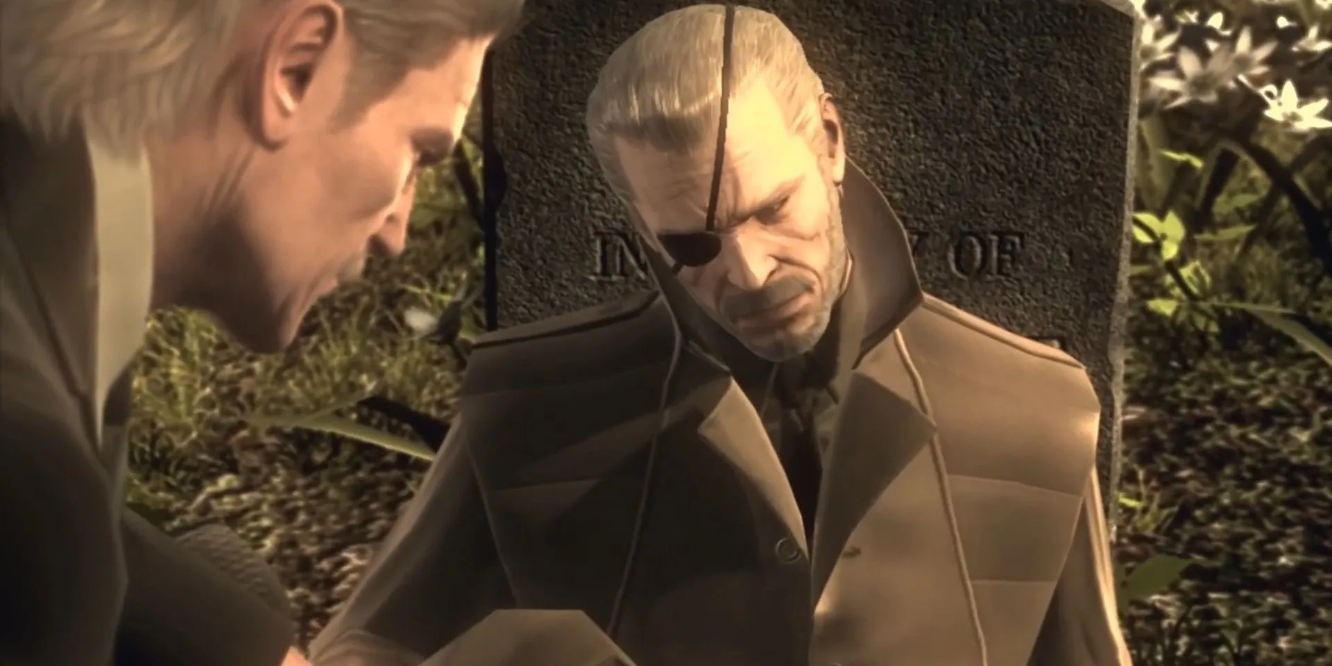 Big Boss và Solid Snake tại nghĩa địa trong Metal Gear Solid 4, bối cảnh làm rõ nhiều cái chết của Big Boss.