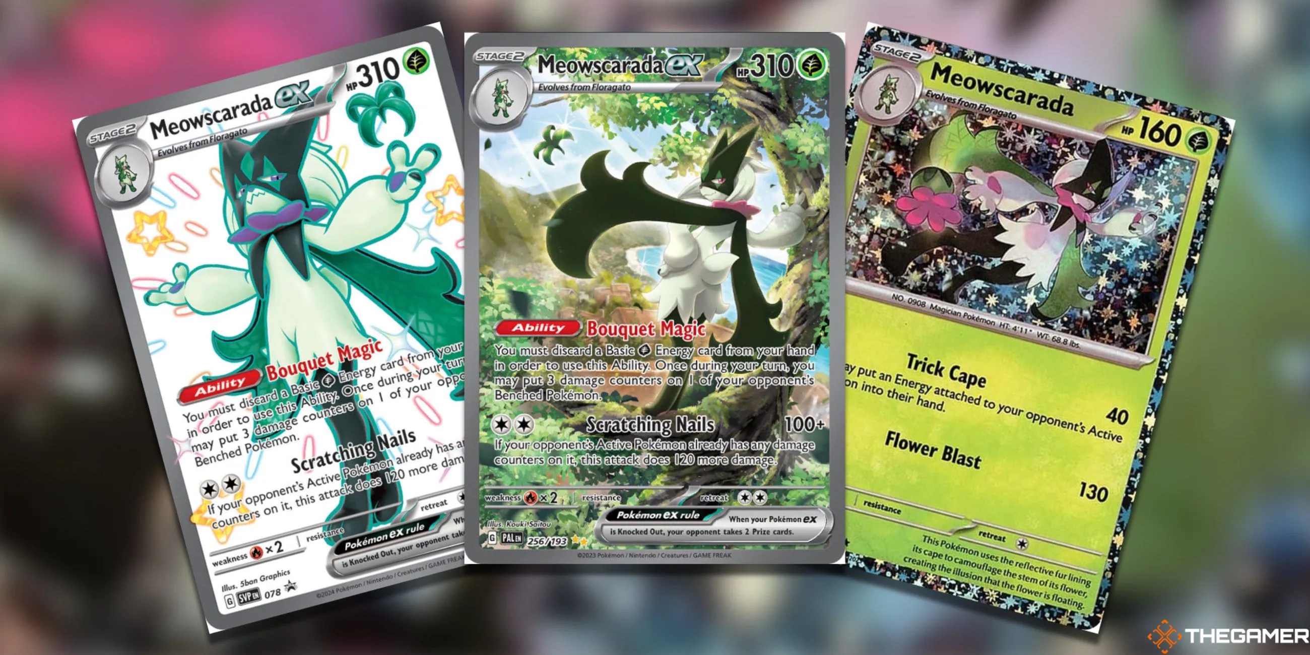 Bộ ba thẻ Meowscarada ex Promo, Meowscarada ex Special Illustration Rare và Meowscarada Sparkle Holo Rare từ Pokémon TCG được trải quạt ra.