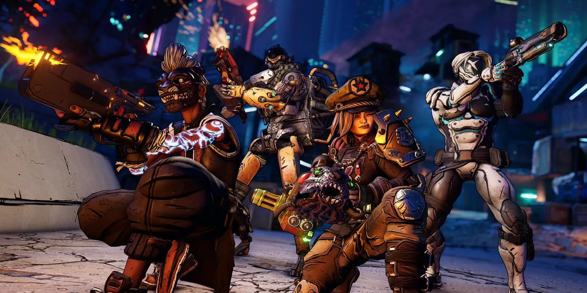 Các nhân vật Vault Hunter trong Borderlands 3 cầm vũ khí, thể hiện phong cách đồ họa độc đáo và yếu tố looter shooter.