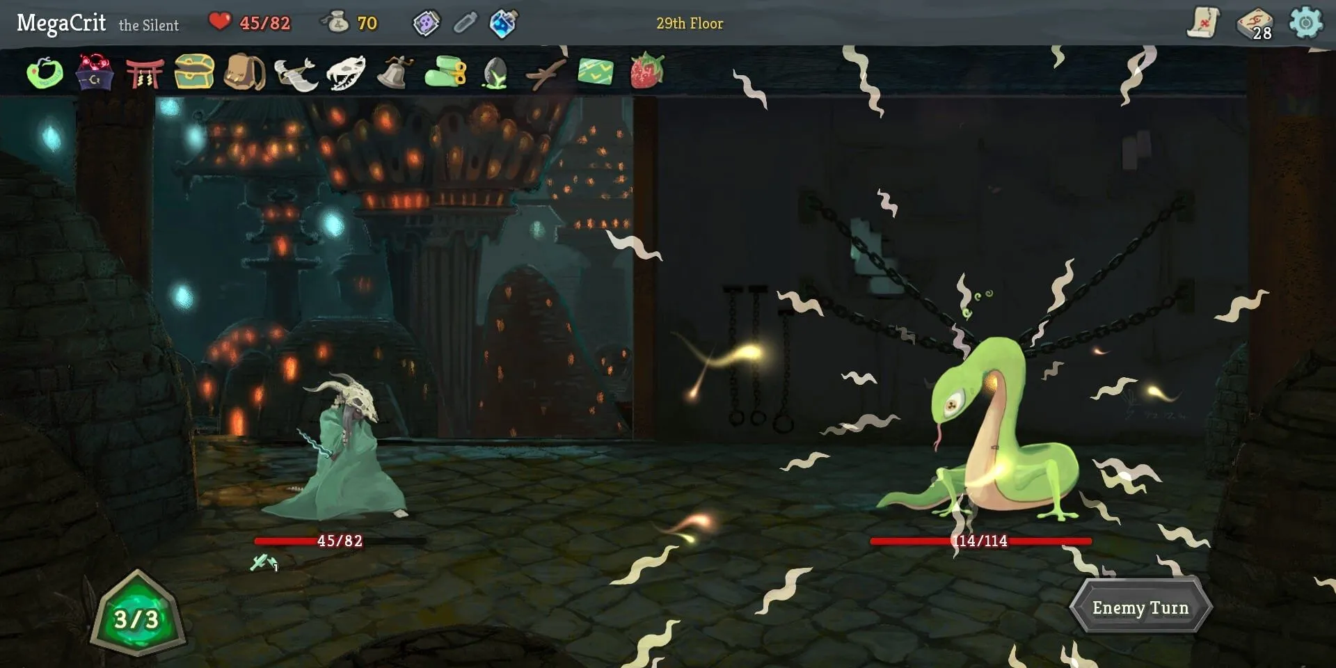 Cảnh chiến đấu dựa trên thẻ bài với một con rắn khổng lồ trong Slay the Spire