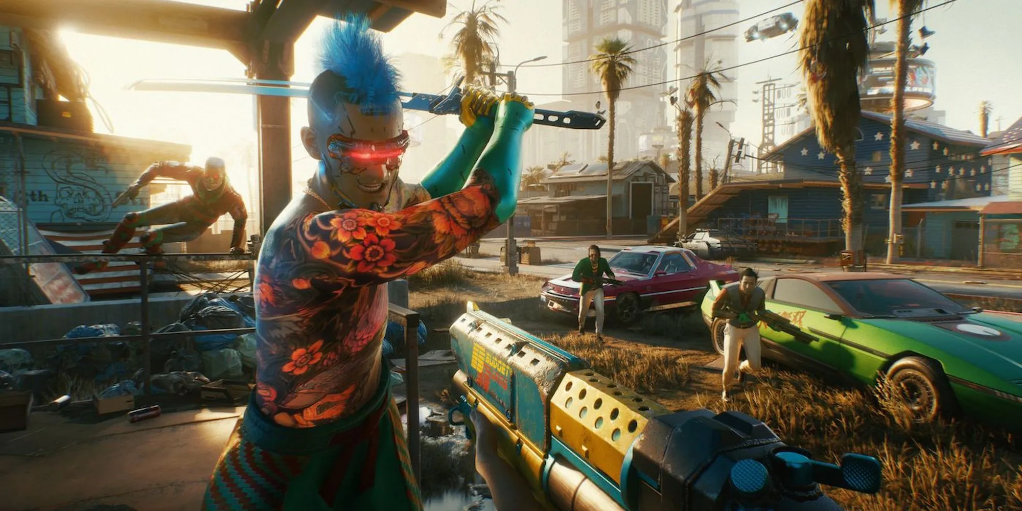Cảnh combat với hiệu ứng cháy nổ và kỹ năng trong Cyberpunk 2077