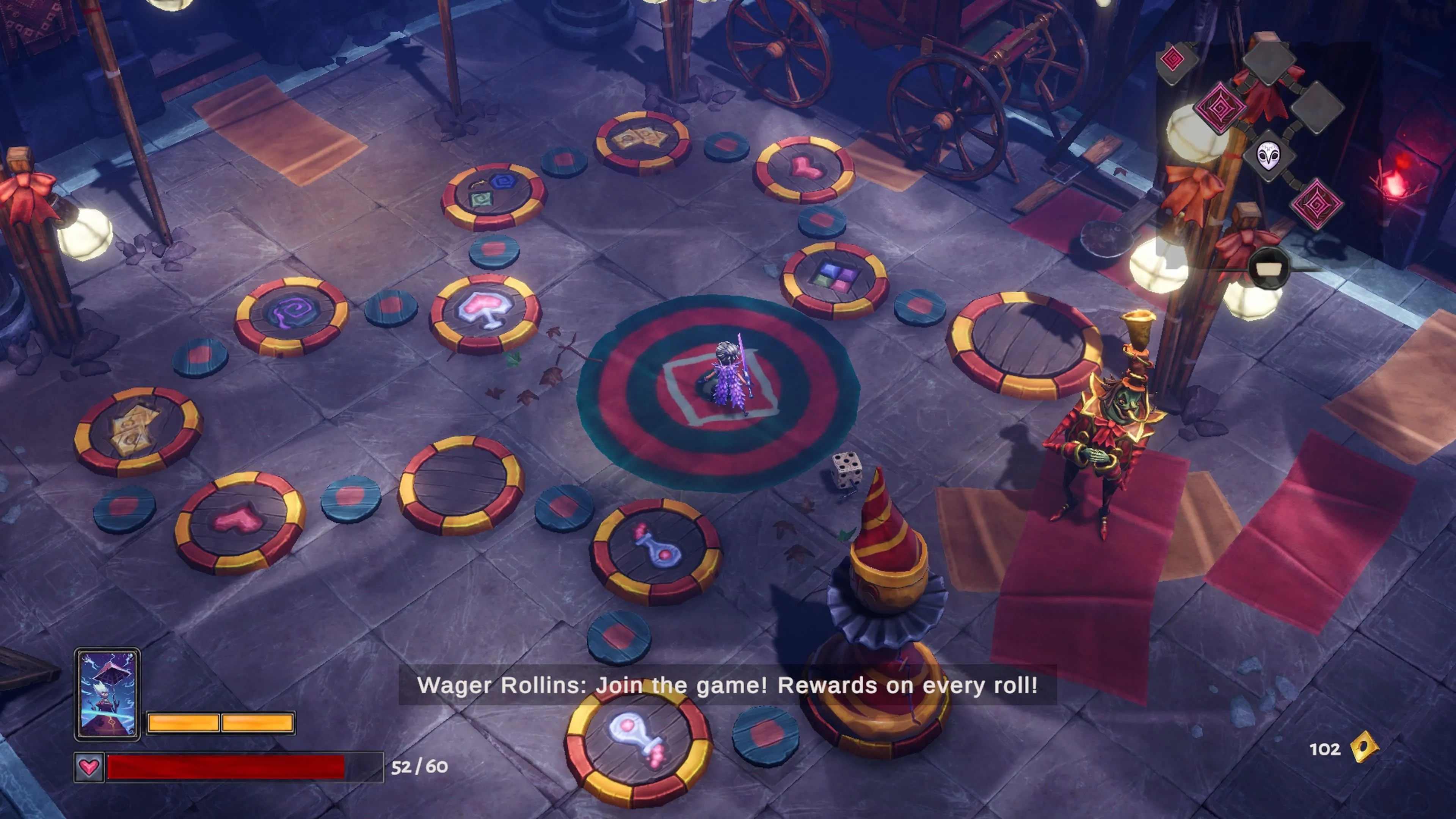 Cảnh gameplay tổng thể trong Lost in Random The Eternal Die, cho thấy góc nhìn từ trên xuống.
