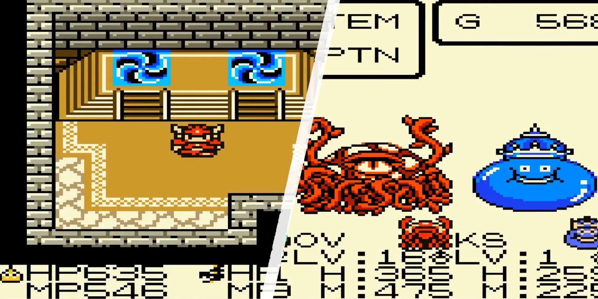 Cảnh hầm ngục và quái vật trong Dragon Quest Monsters cho Game Boy Color.