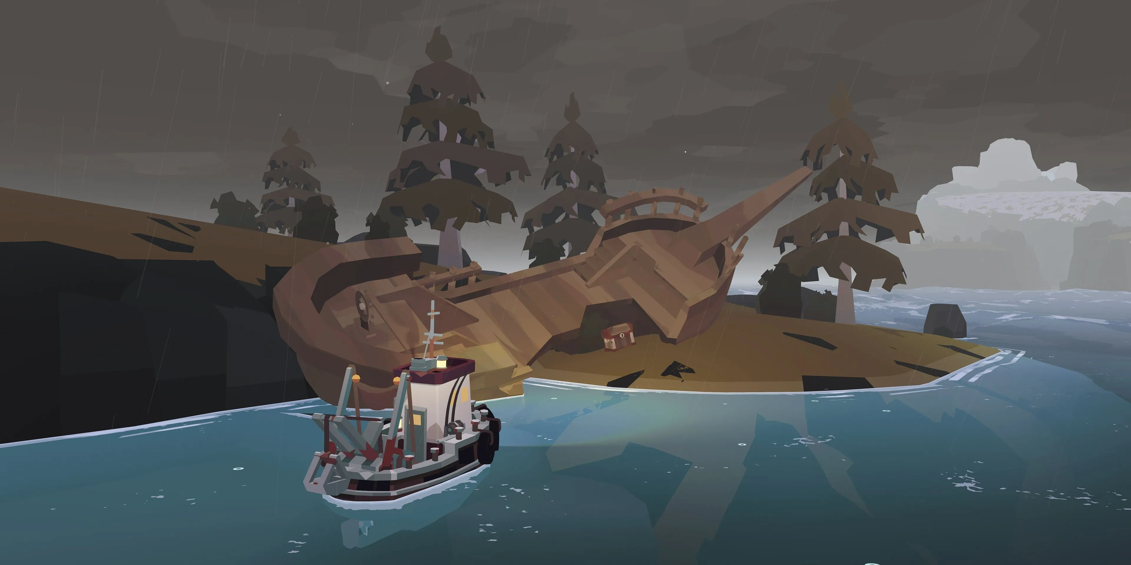 Cảnh thuyền của người chơi neo đậu gần một con tàu đắm trong game Dredge