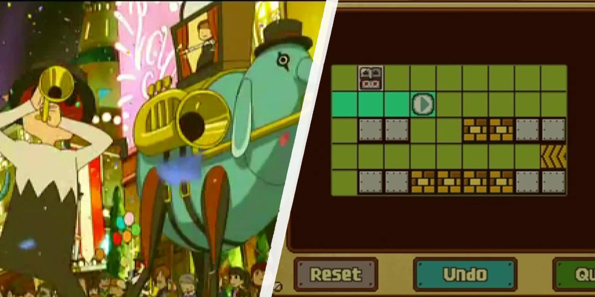 Cảnh trong game giải đố Professor Layton and the Miracle Mask trên Nintendo 3DS.