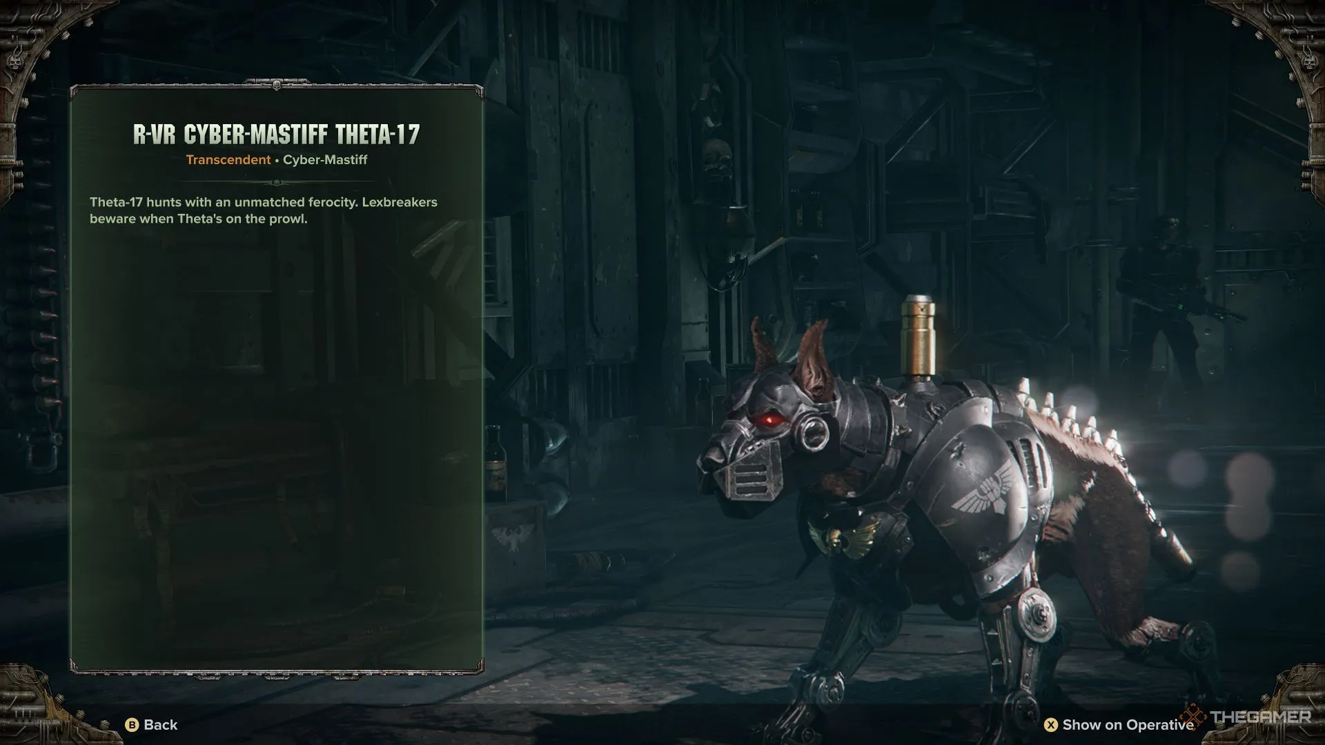 Chó máy Cyber-Mastiff của Arbites với giao diện tùy chỉnh trong Darktide