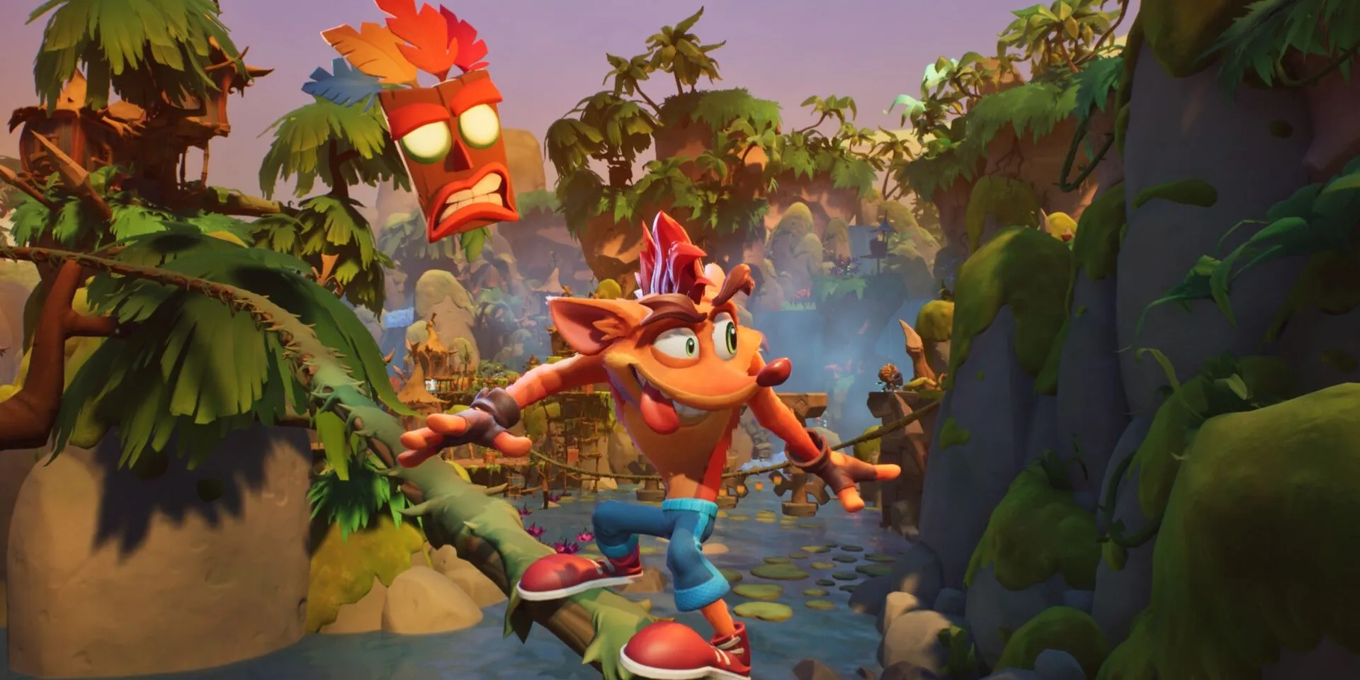 Crash Bandicoot lướt trên dây leo trong Crash Bandicoot 4: It's About Time, thể hiện lối chơi platforming đặc trưng