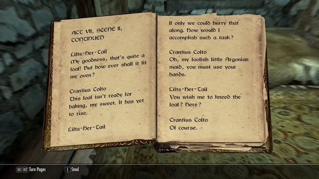 Cuốn sách The Lusty Argonian Maid trong game Skyrim, một vật phẩm sưu tầm gây cười