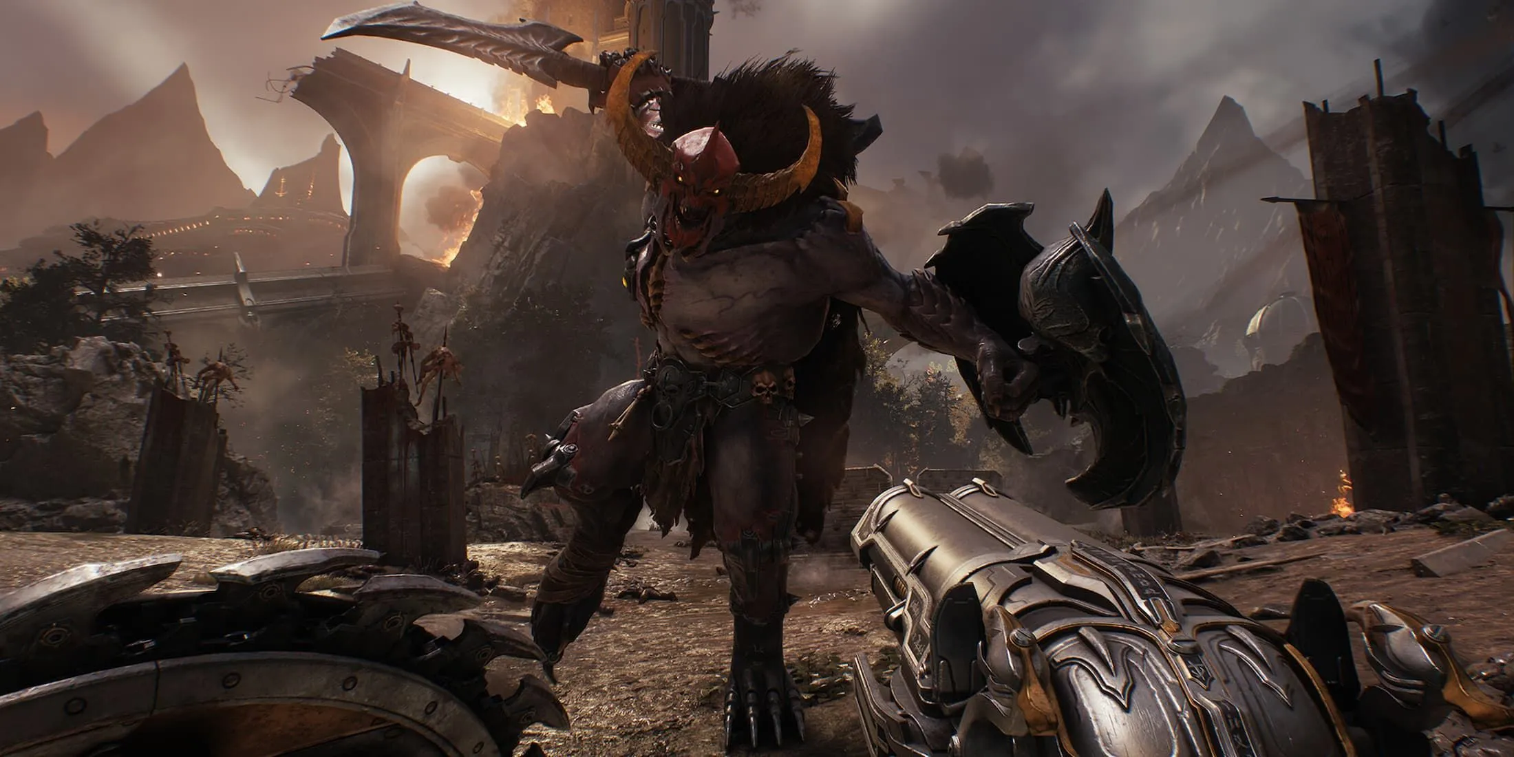 Doom Slayer sử dụng khiên và Super Shotgun trong bối cảnh trung cổ của Doom: The Dark Ages