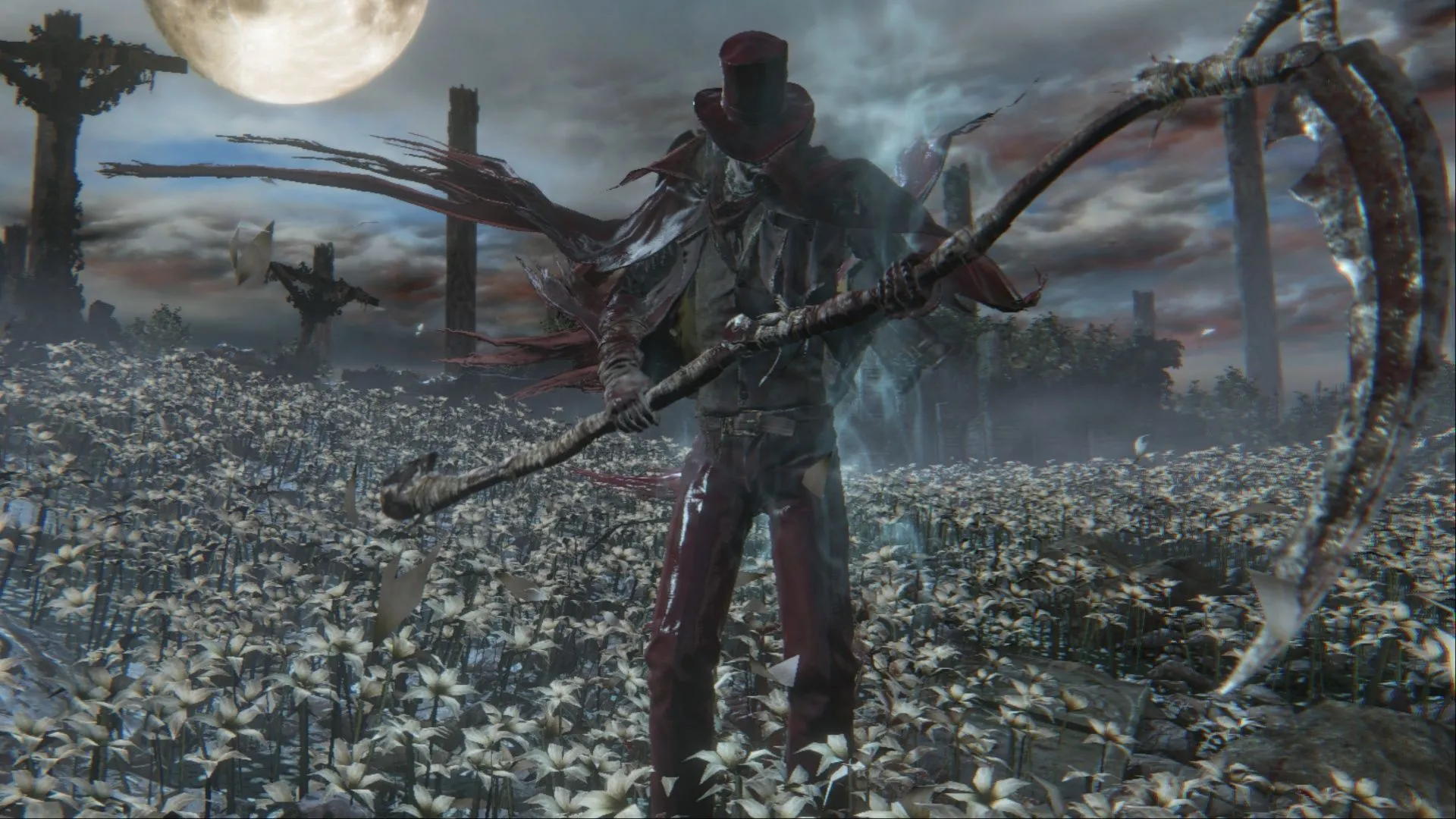 Gehrman, Thợ Săn đầu tiên, với lưỡi hái đặc trưng trong thế giới gothic u ám của Bloodborne
