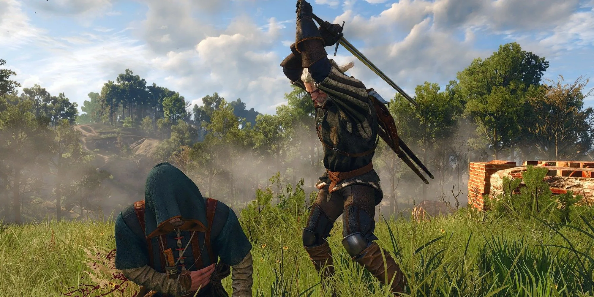 Geralt thực hiện đòn kết liễu một tên cướp trong combat của The Witcher 3