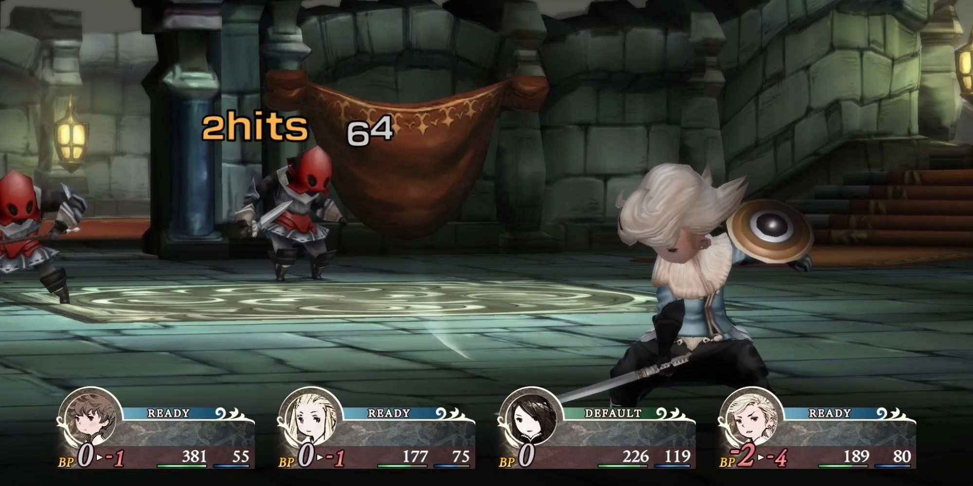 Giao diện chiến đấu hiển thị đầy đủ thông tin trên một màn hình trong Bravely Default HD Remaster